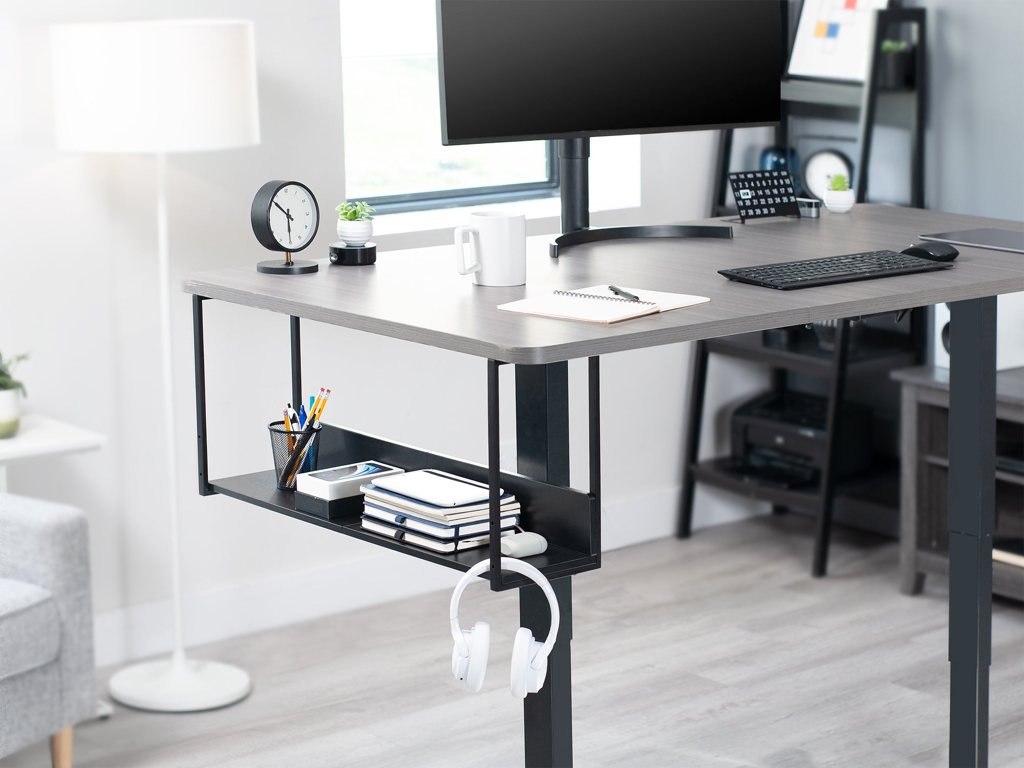 desk shelf under electric desk, holding desk accessories