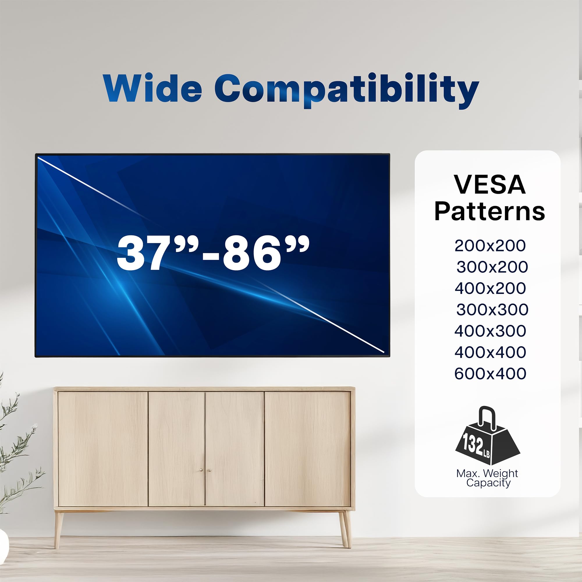 Large TV screen with compatibility information on a wall, featuring a wooden cabinet below.