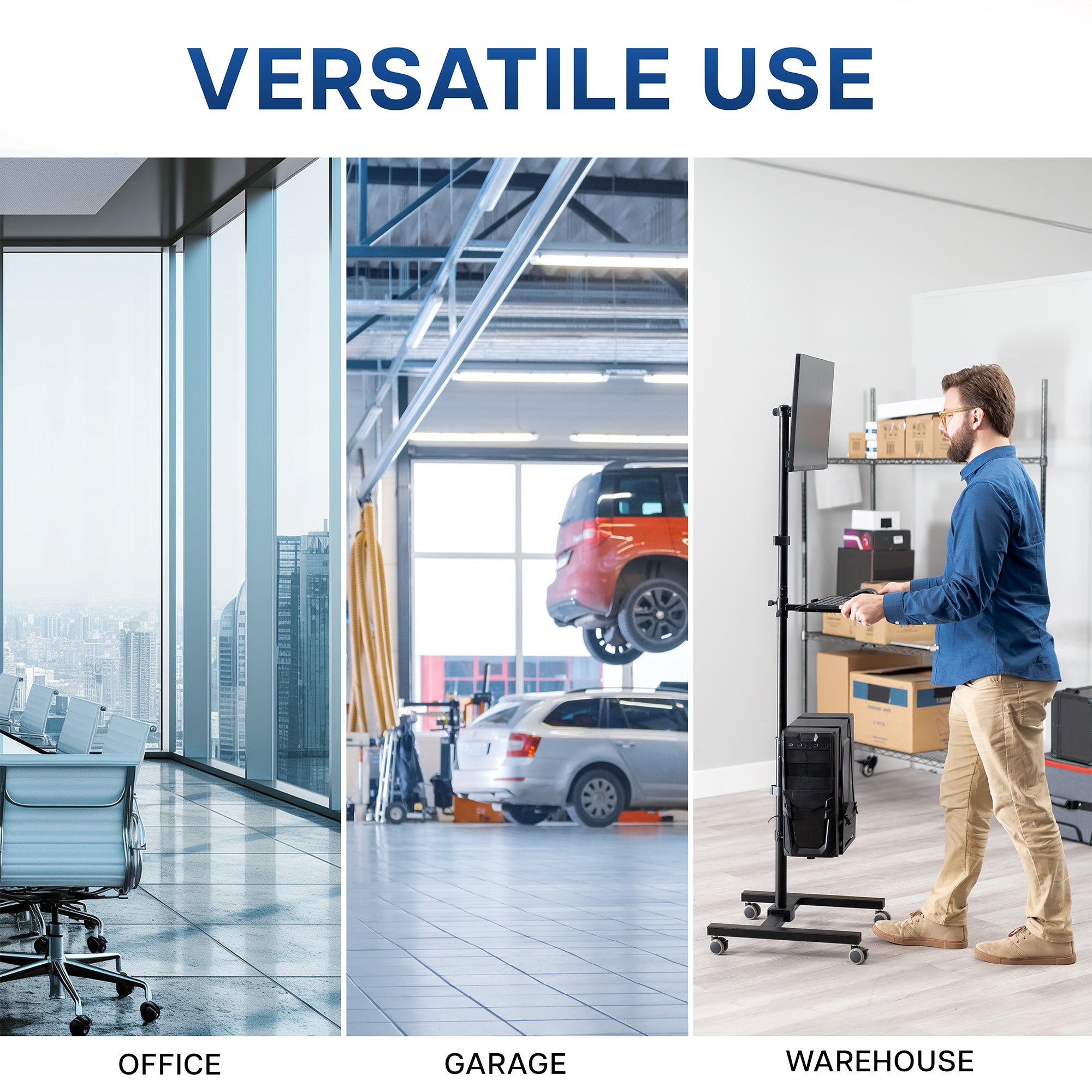 Mobile workstation cart with monitor mount, keyboard tray, PC holder, and locking wheels. Featuring 360 rotation and height adjustment.