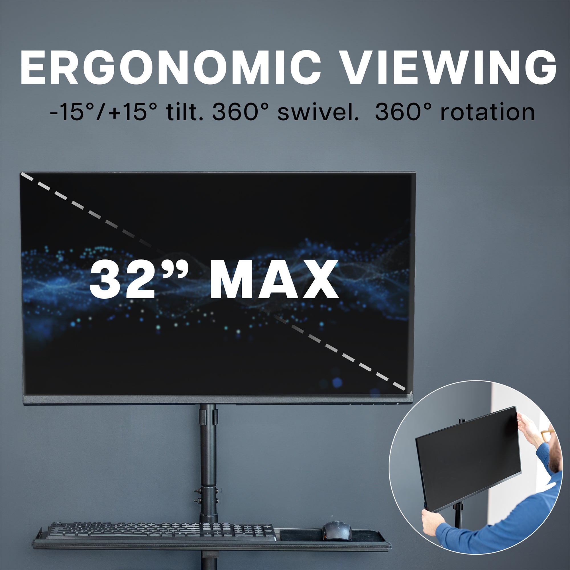 Mobile workstation cart with monitor mount, keyboard tray, PC holder, and locking wheels. Featuring 360 rotation and height adjustment.