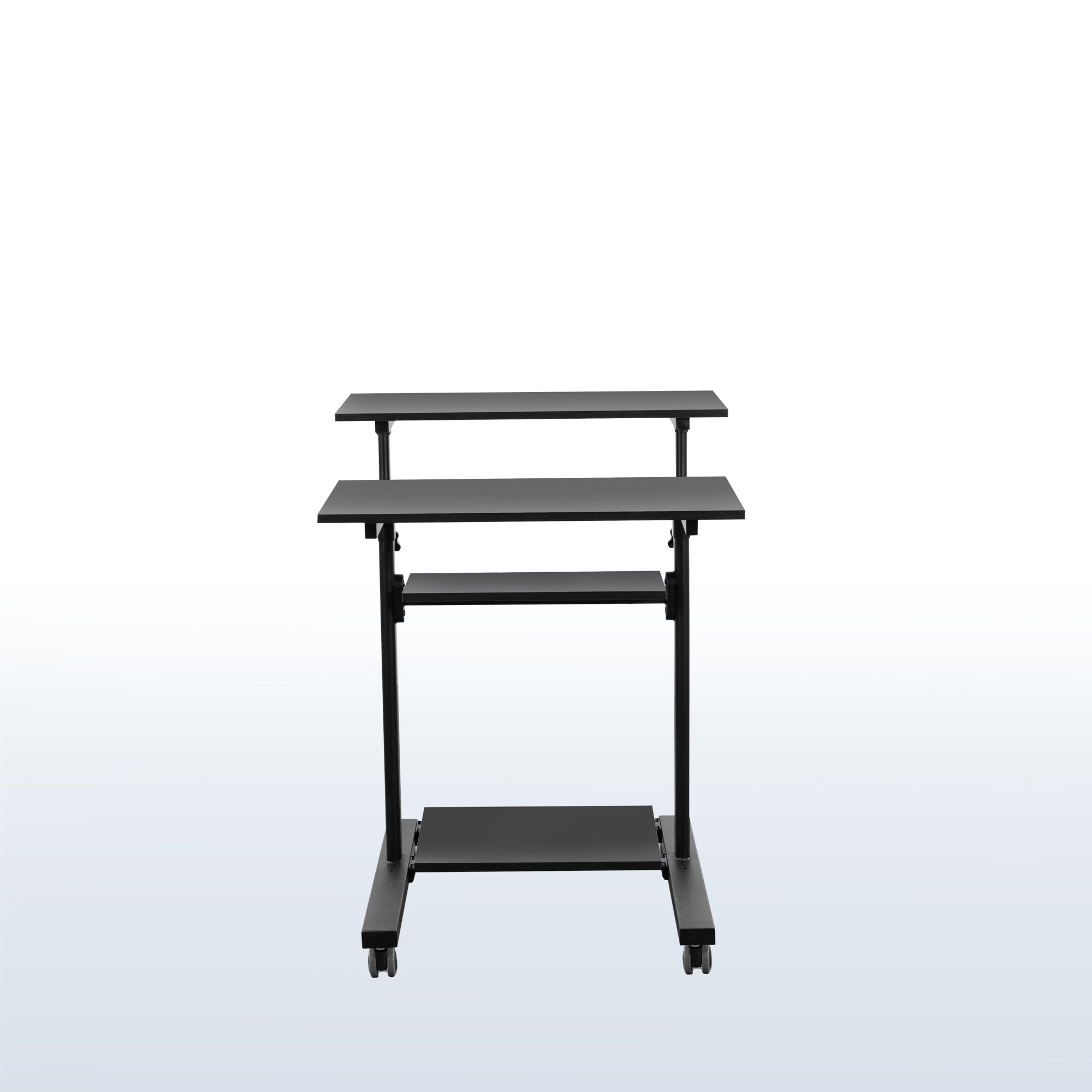 A height adjustable mobile stand-up desk that is perfect for use at the office, home, showroom, and classroom, and provides ample room for typing, writing, and storing.