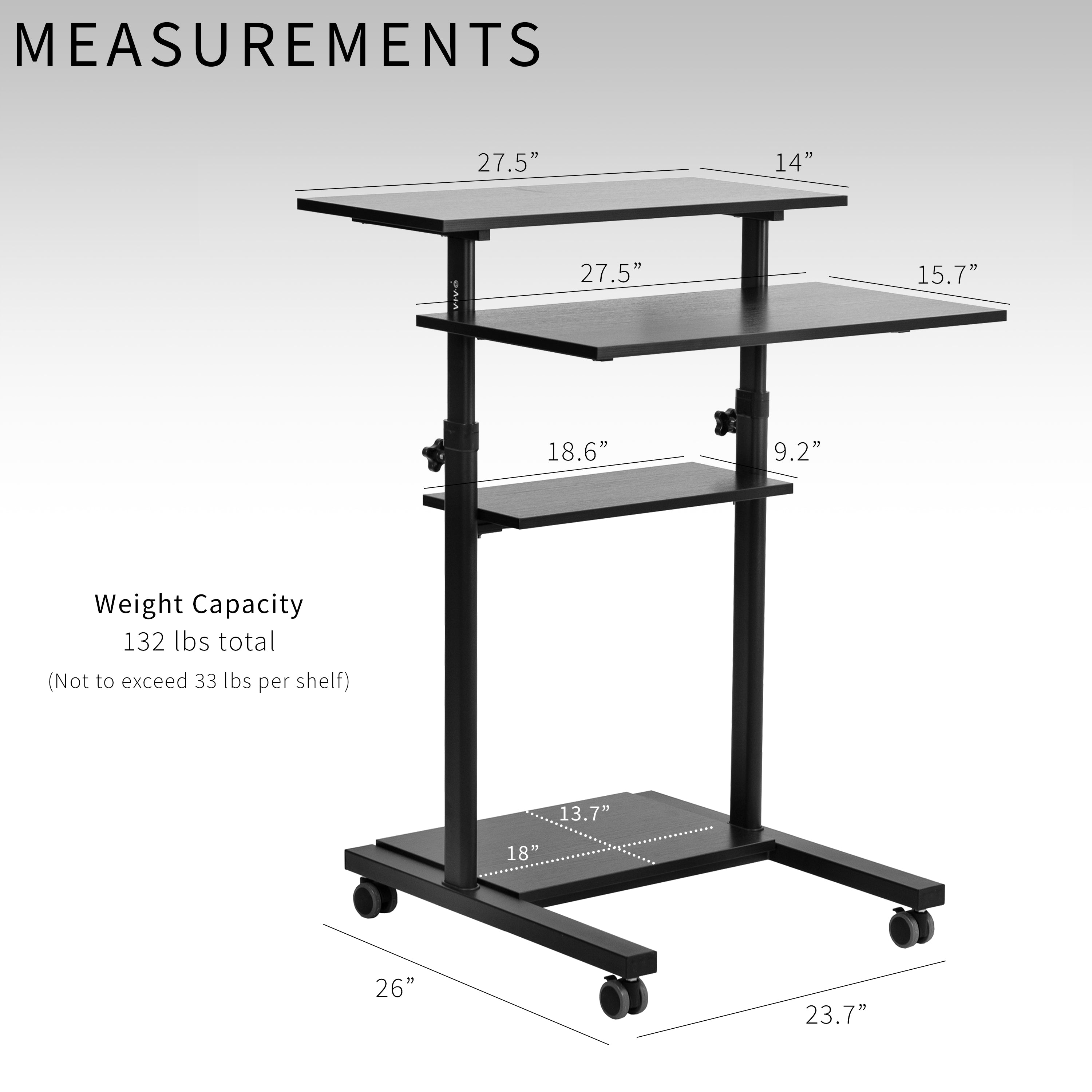 A height adjustable mobile stand-up desk that is perfect for use at the office, home, showroom, and classroom, and provides ample room for typing, writing, and storing.