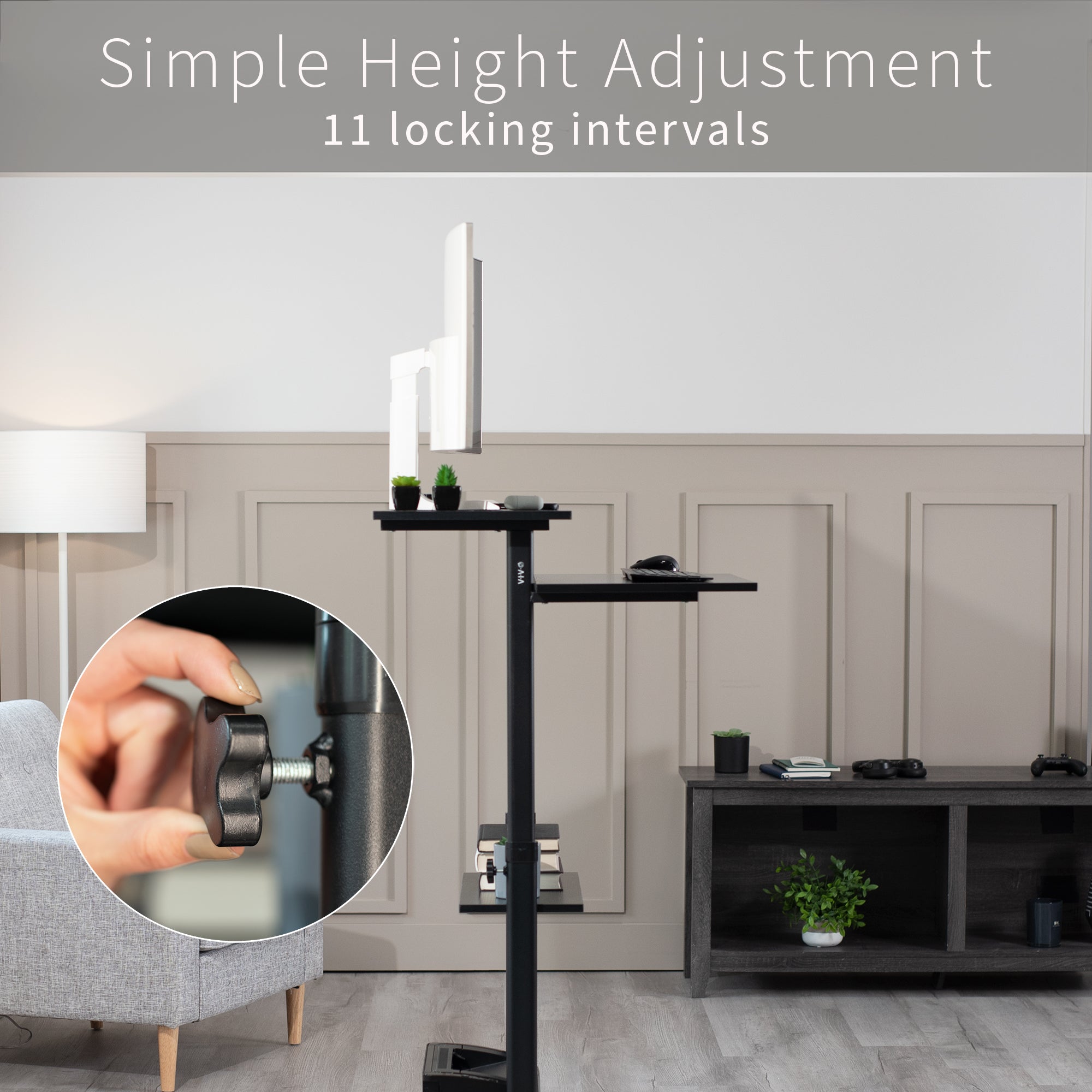 A height adjustable mobile stand-up desk that is perfect for use at the office, home, showroom, and classroom, and provides ample room for typing, writing, and storing.