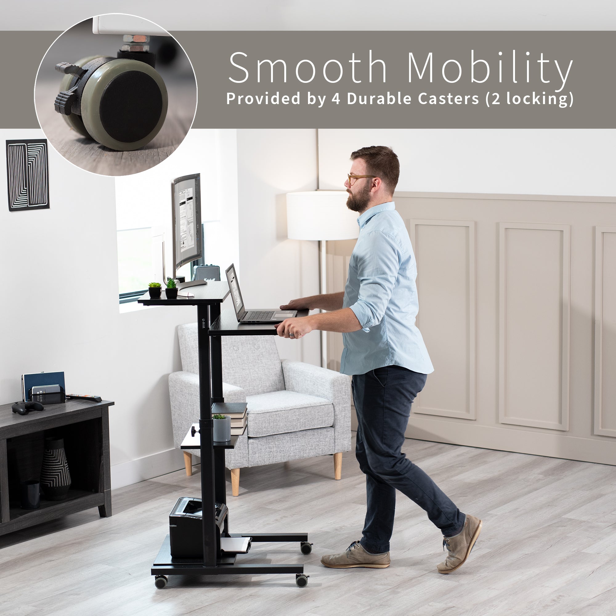 A height adjustable mobile stand-up desk that is perfect for use at the office, home, showroom, and classroom, and provides ample room for typing, writing, and storing.