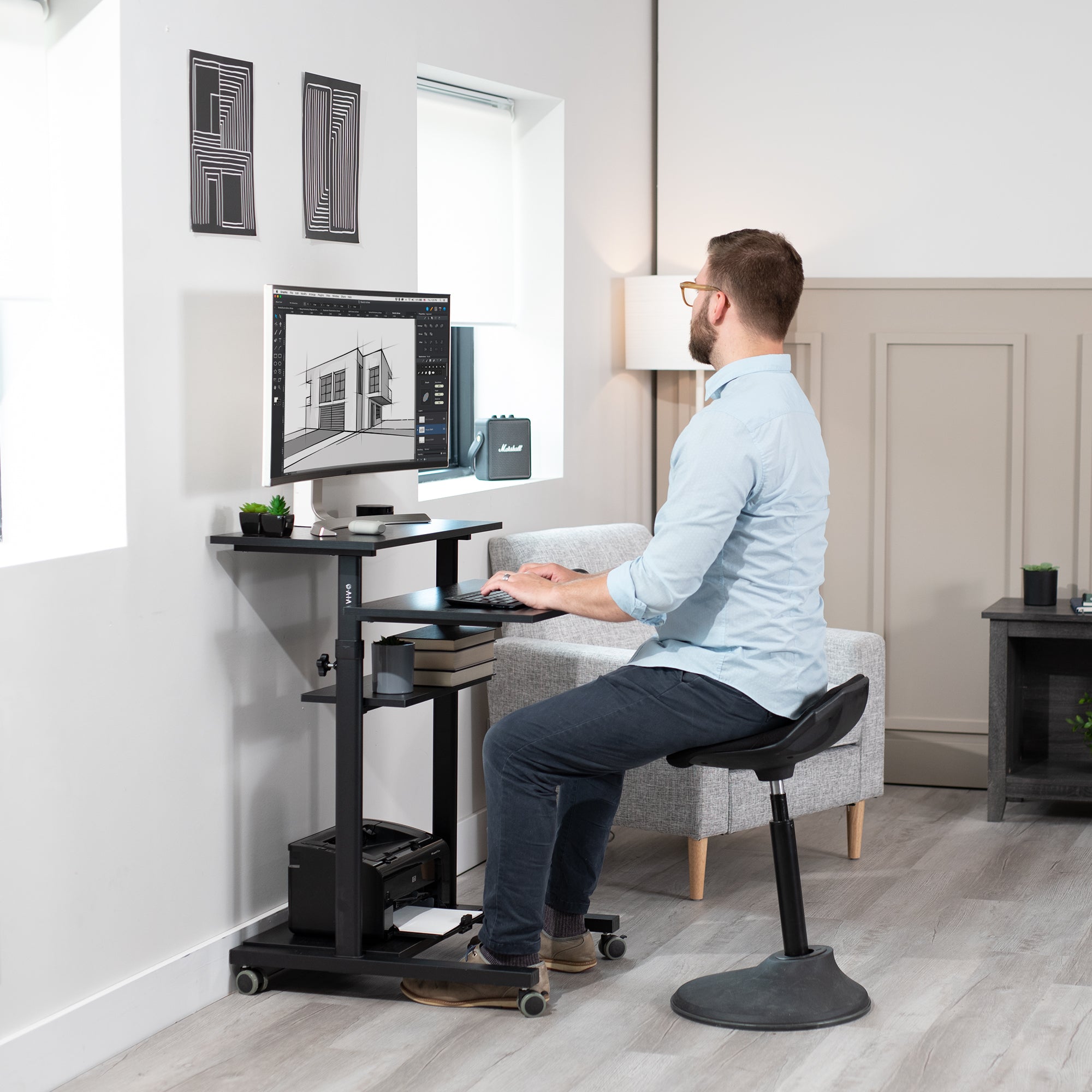 A height adjustable mobile stand-up desk that is perfect for use at the office, home, showroom, and classroom, and provides ample room for typing, writing, and storing.
