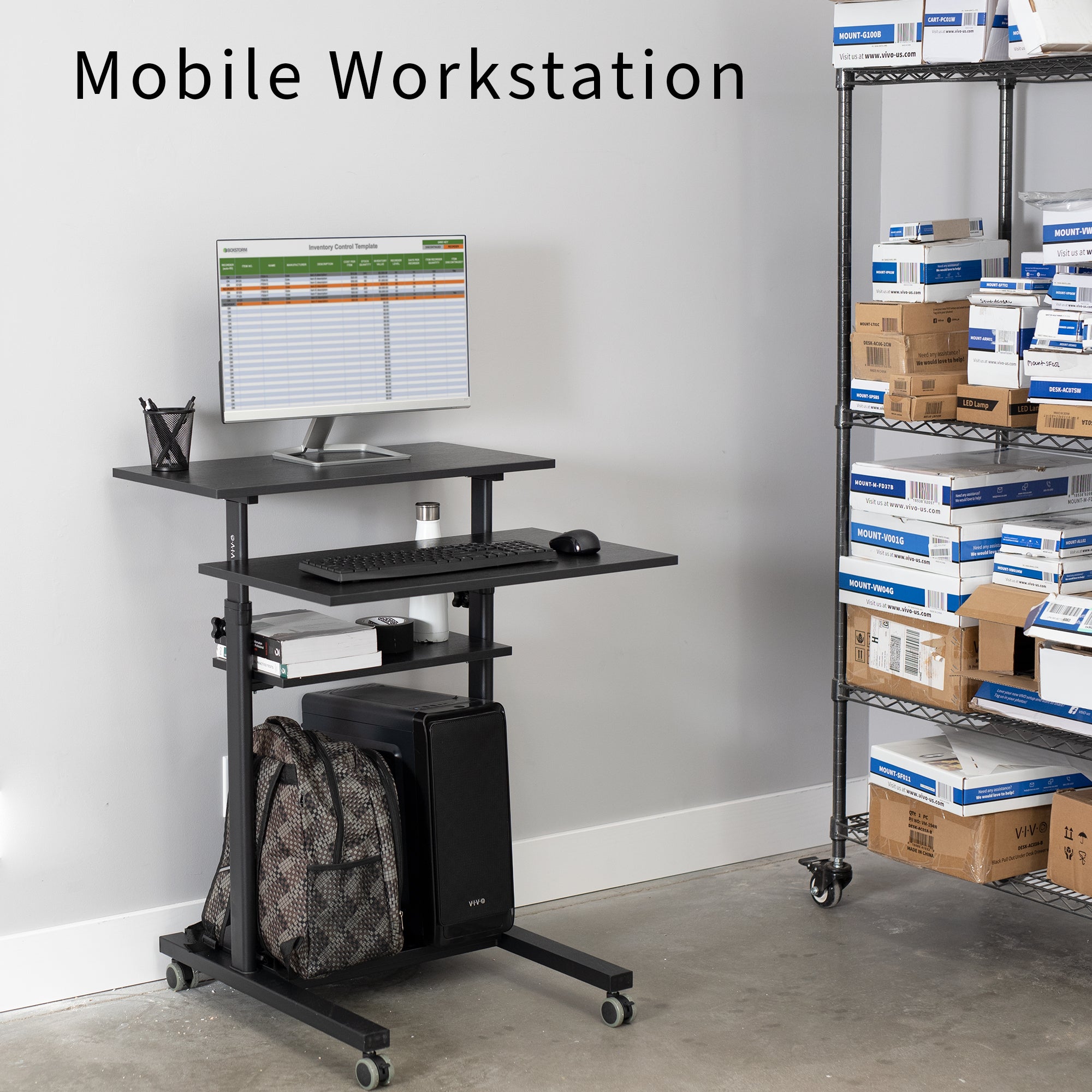 A height adjustable mobile stand-up desk that is perfect for use at the office, home, showroom, and classroom, and provides ample room for typing, writing, and storing.