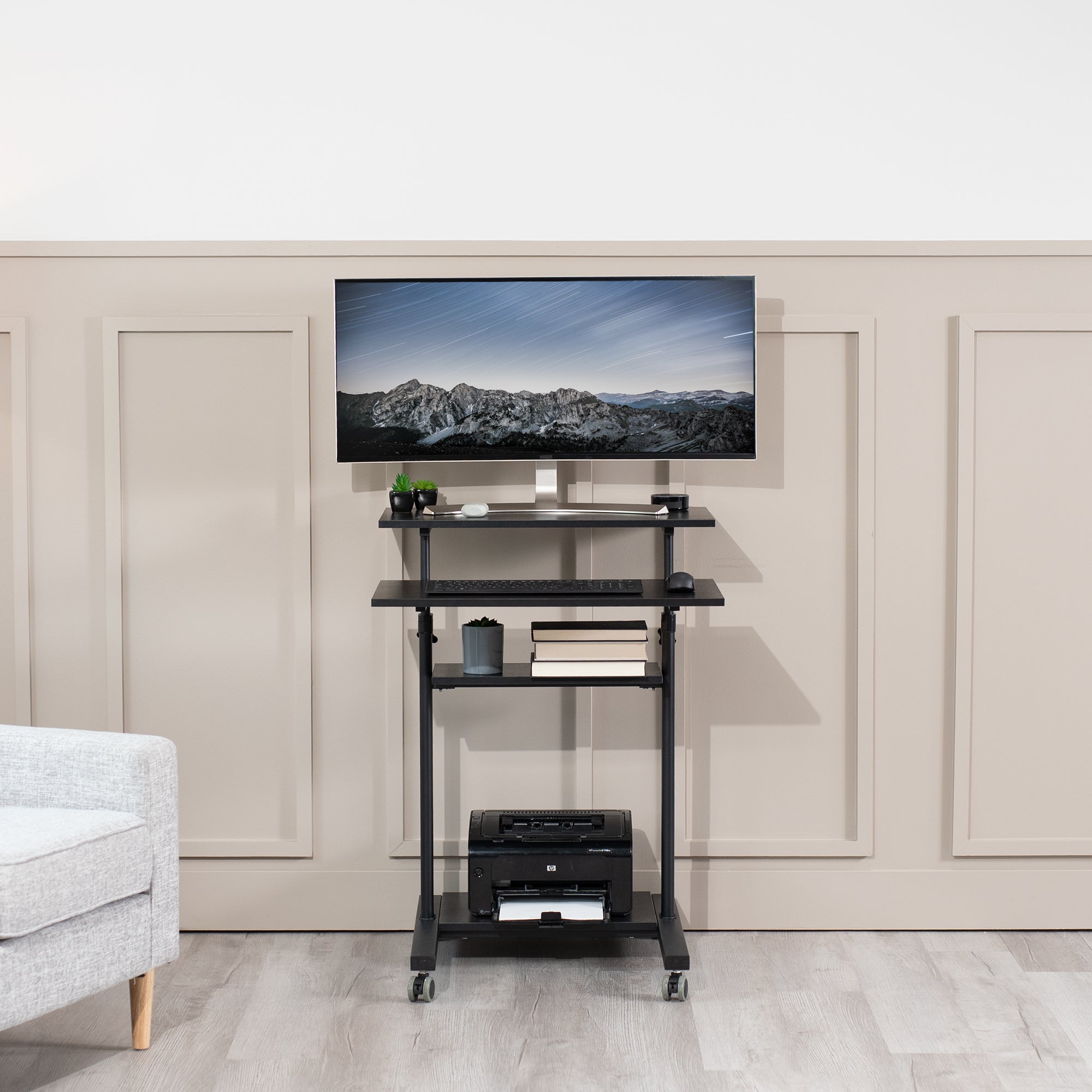 A height adjustable mobile stand-up desk that is perfect for use at the office, home, showroom, and classroom, and provides ample room for typing, writing, and storing.