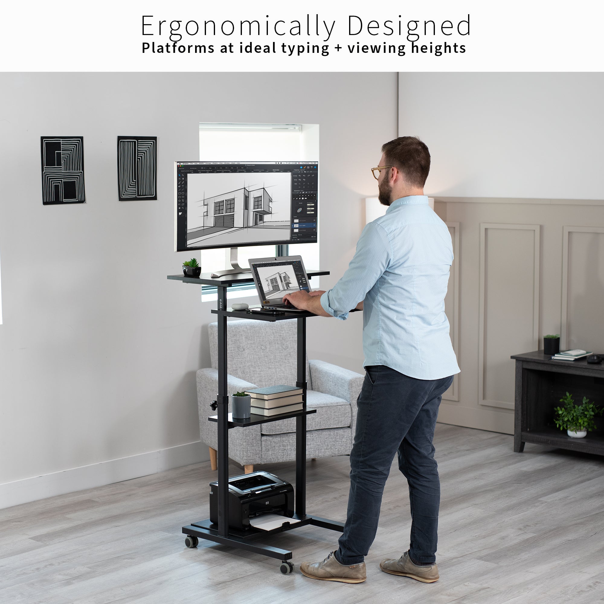 A height adjustable mobile stand-up desk that is perfect for use at the office, home, showroom, and classroom, and provides ample room for typing, writing, and storing.