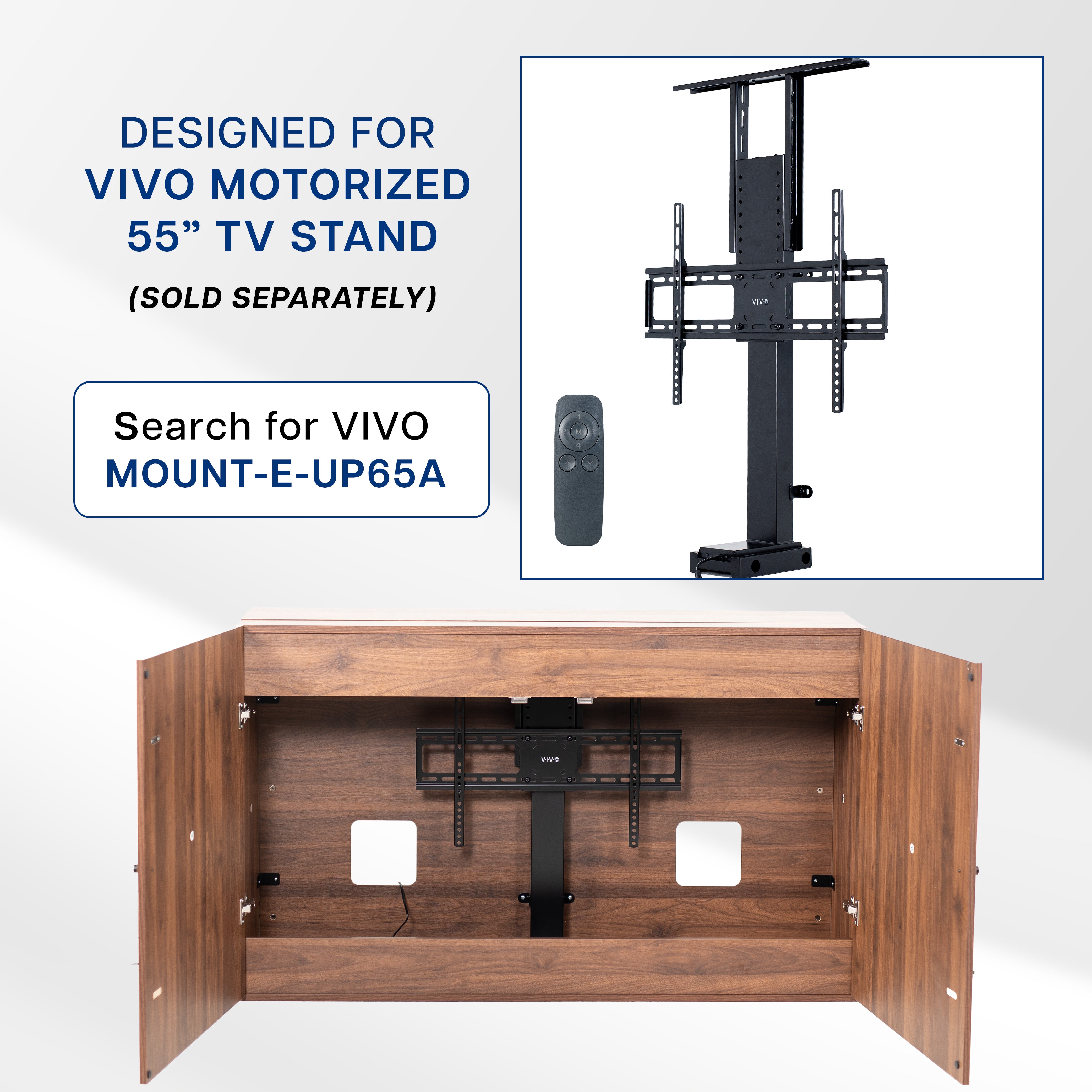 A walnut brown TV lift cabinet with a flat-screen TV mounted on top.