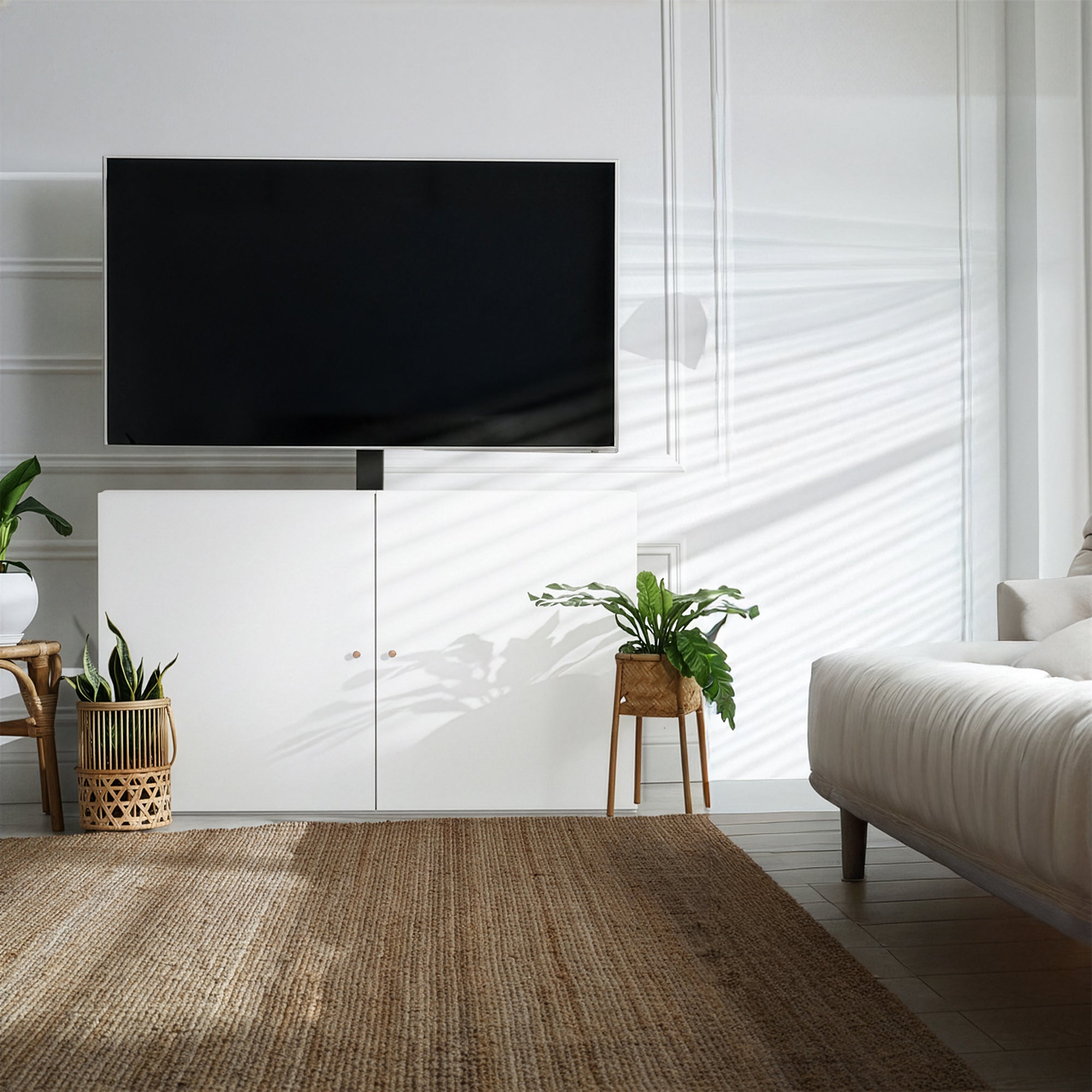 Modern living room with a television concealed in a TV cabinet, plants, and a rug.