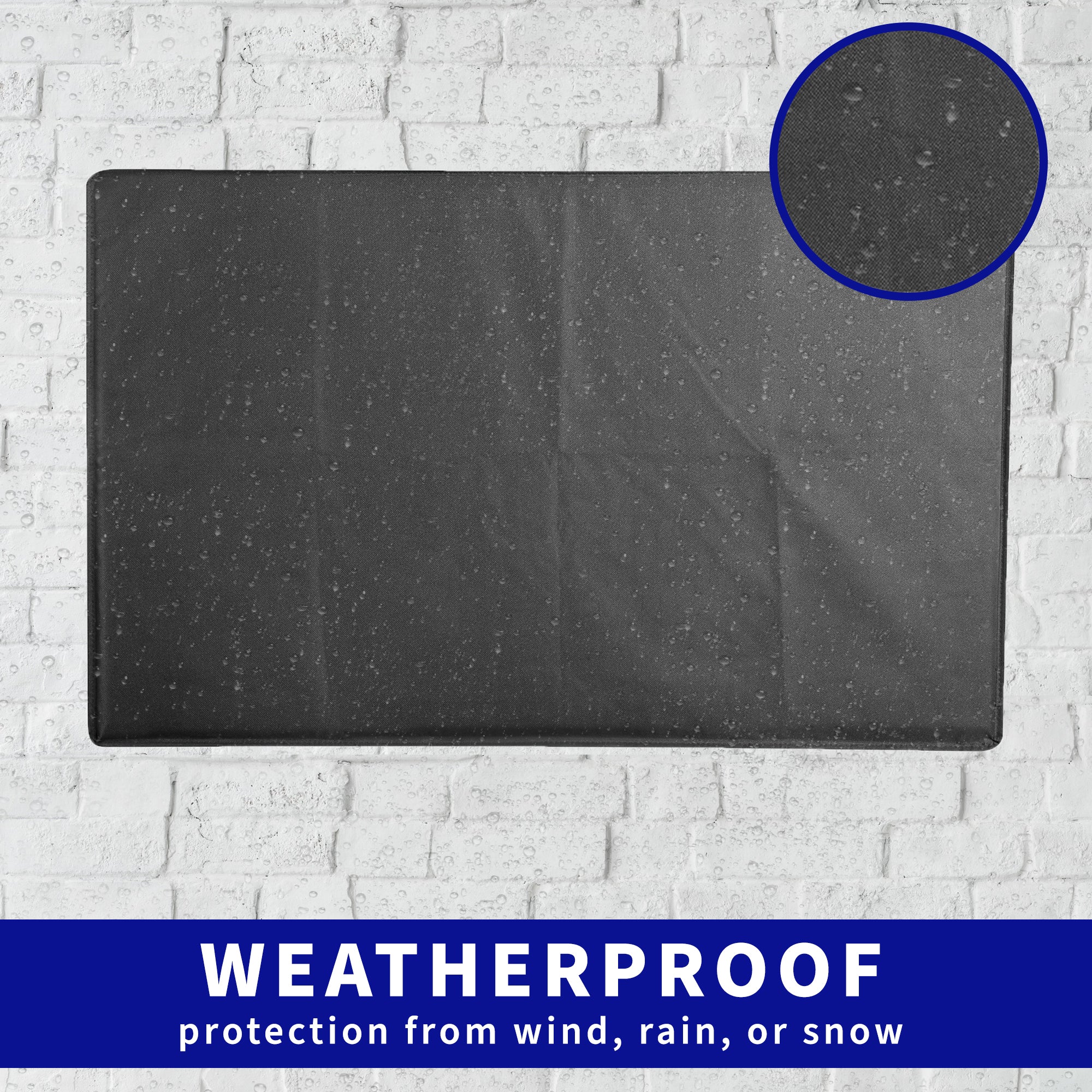 A black TV weatherproof cover fitted over a wall mount TV