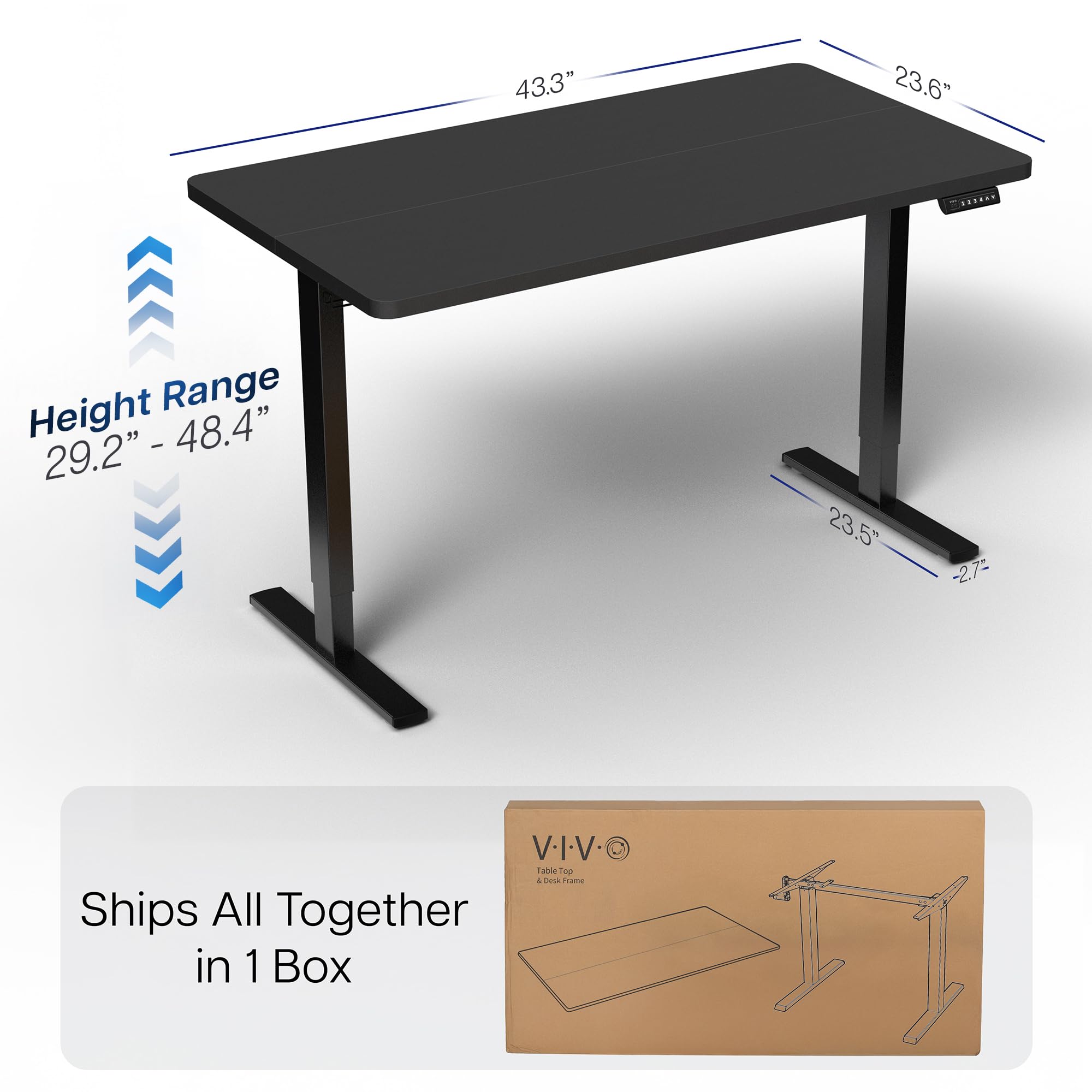 Black adjustable height desk with dimensions on a white background and text stating 'Ships All Together in 1 Box'