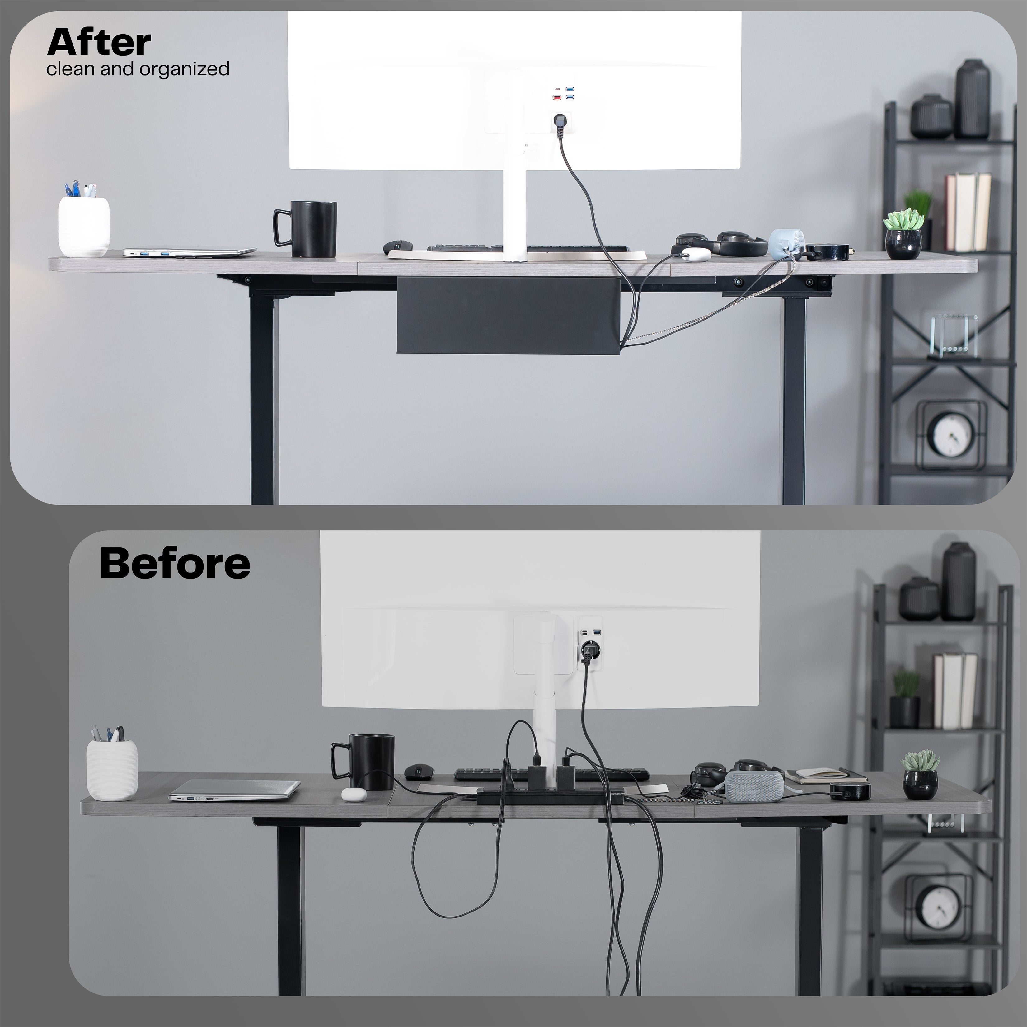 Extra deep under desk cable management tray for office storage. Low profile, sleek, and flexible with simple installation.