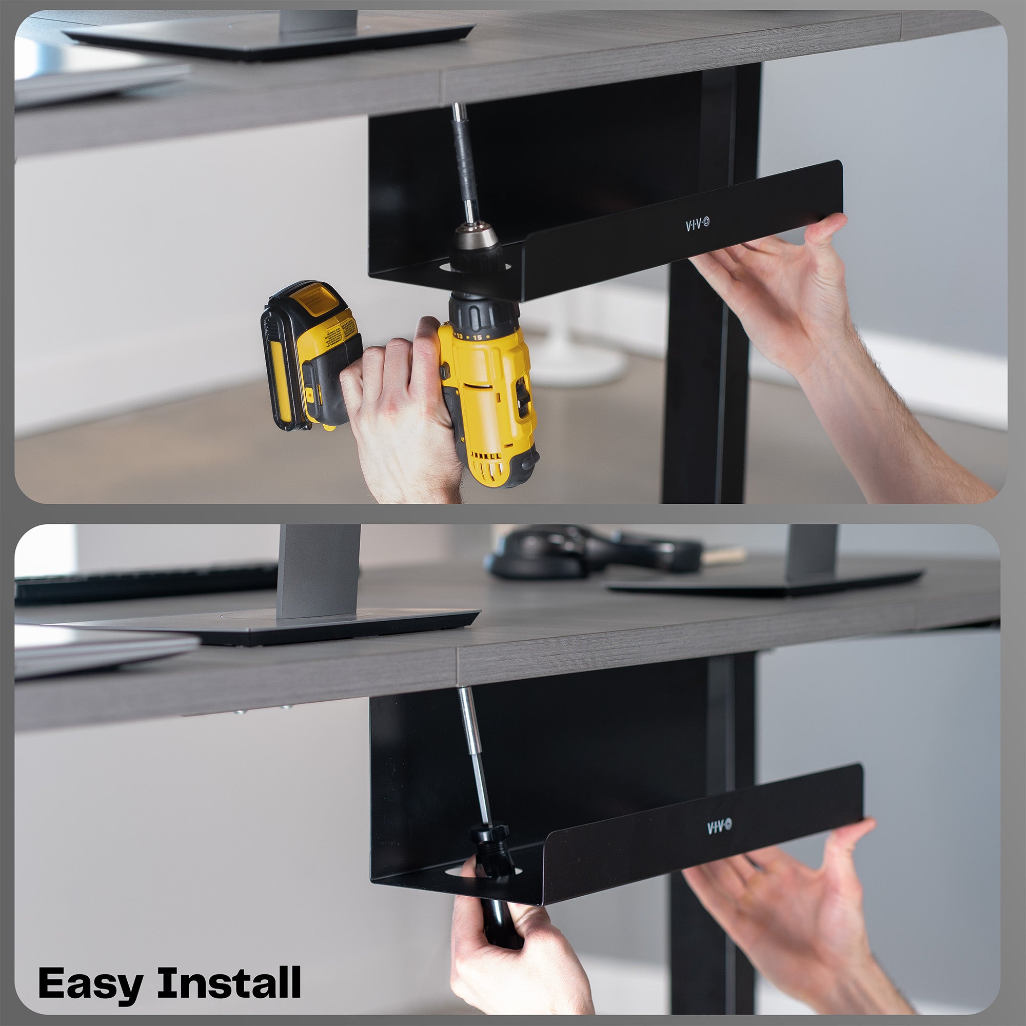 Extra deep under desk cable management tray for office storage. Low profile, sleek, and flexible with simple installation.