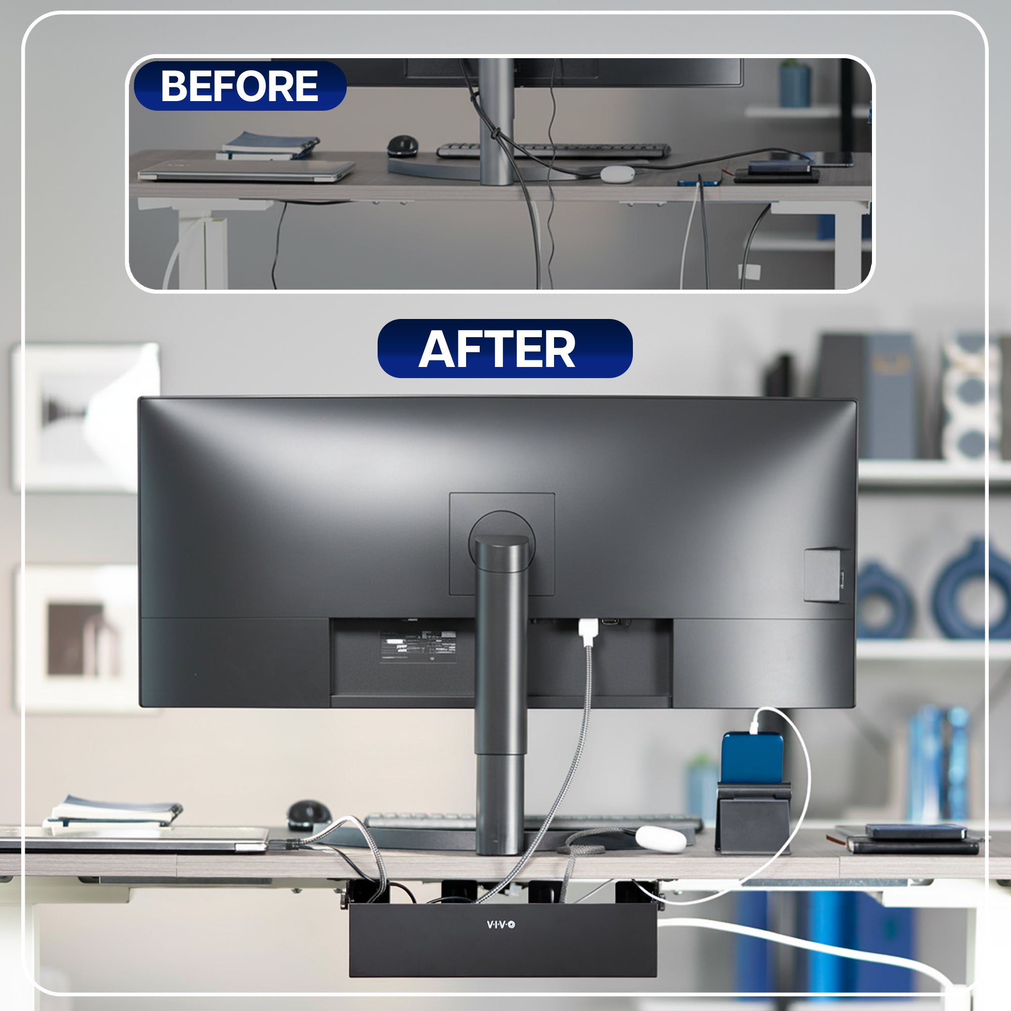 Before and after comparison of a desk setup with a monitor and accessories showing benefits of a cable management box.