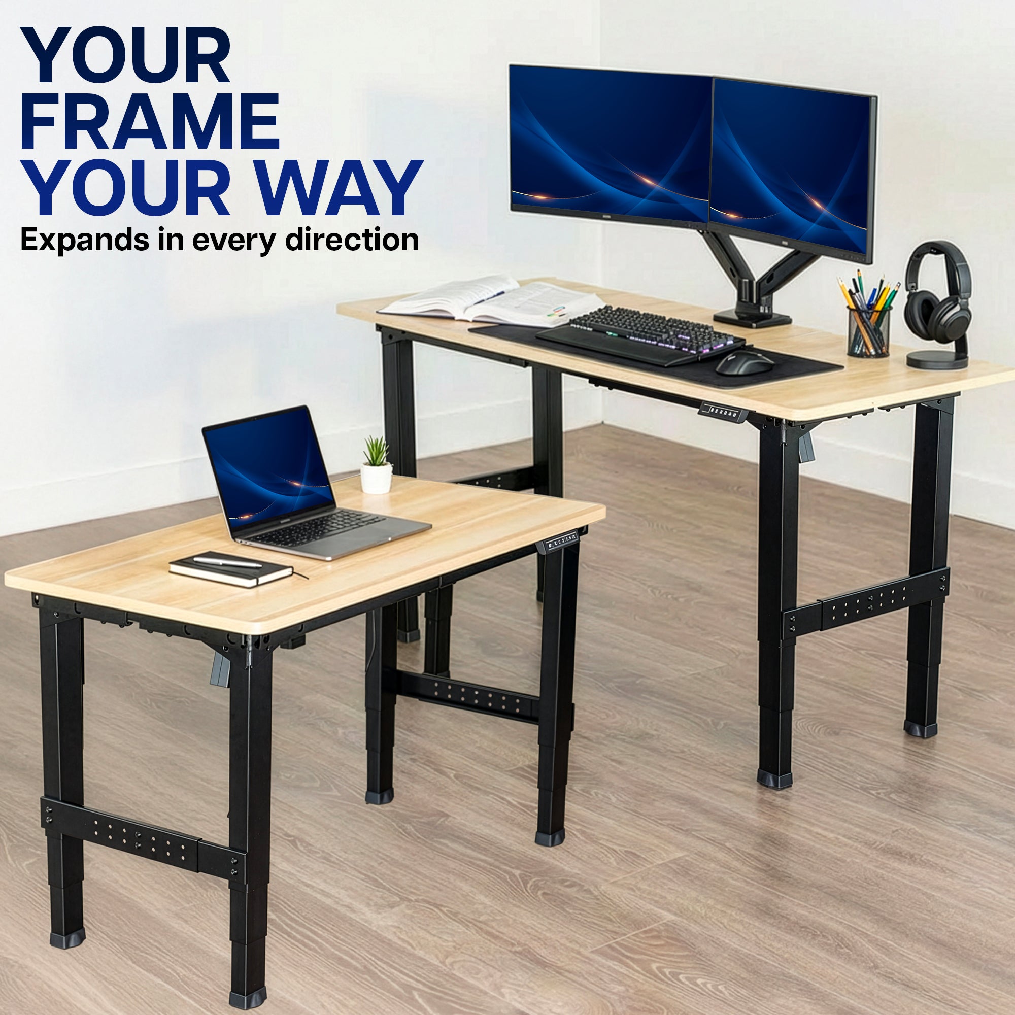 Two examples of the Black Premium Electric Dual-Motor Height Adjustable 4-Leg Desk Frame