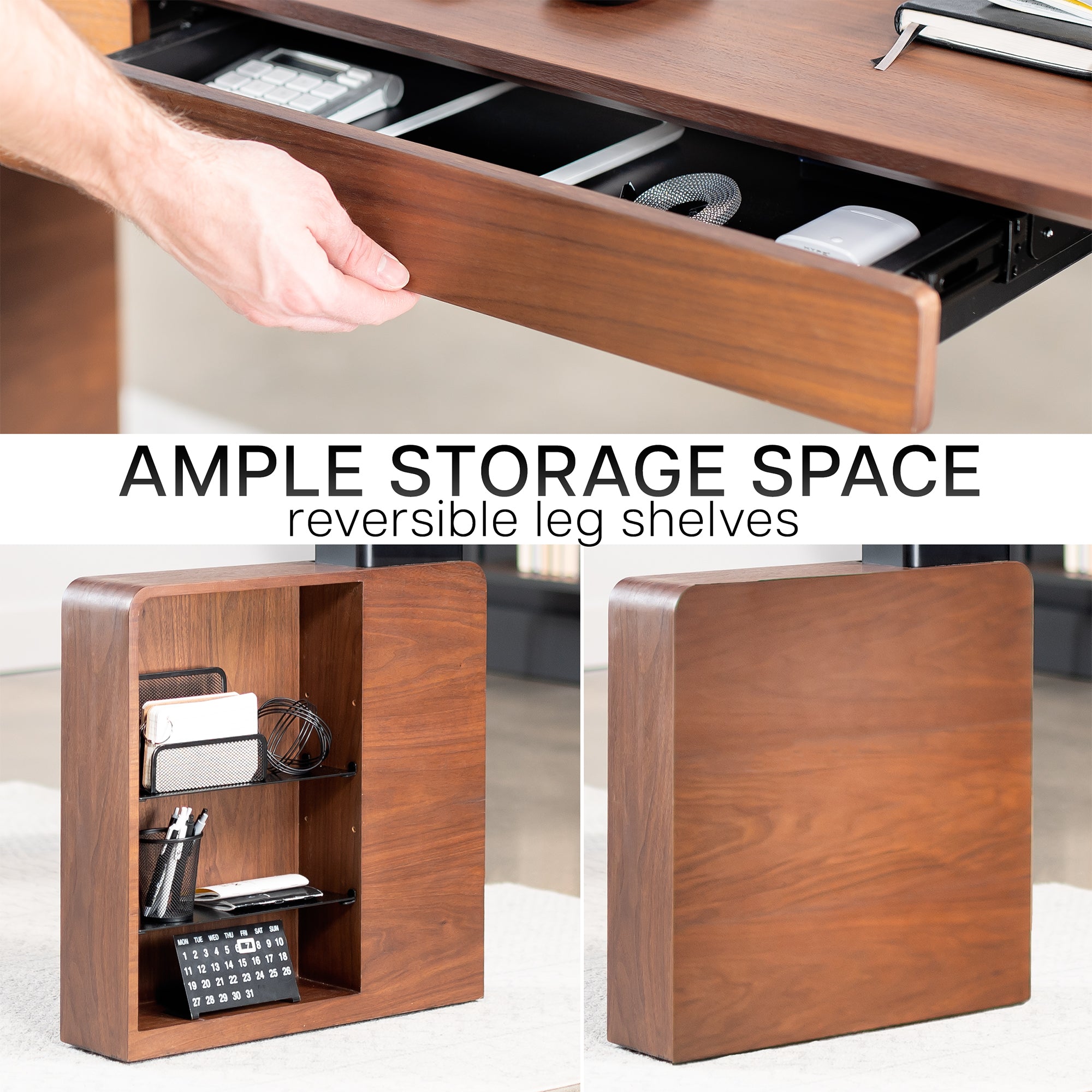 Spacious sit to stand walnut executive desk with two pull-out drawers, adjustable shelving on the reversible legs, and a built-in power strip for convenient connectivity.