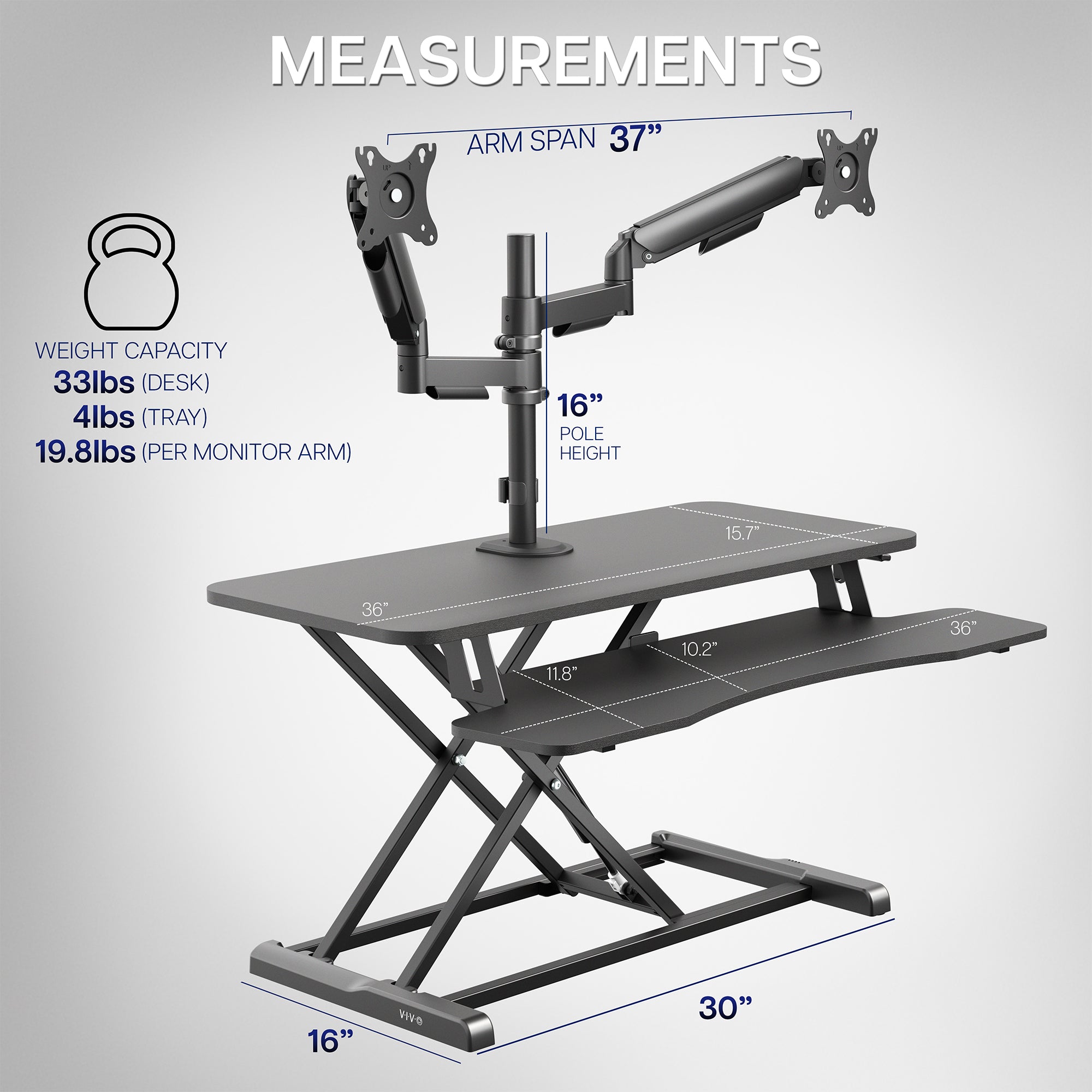 36 inch height adjustable desk riser with articulating mechanical dual monitor mount.