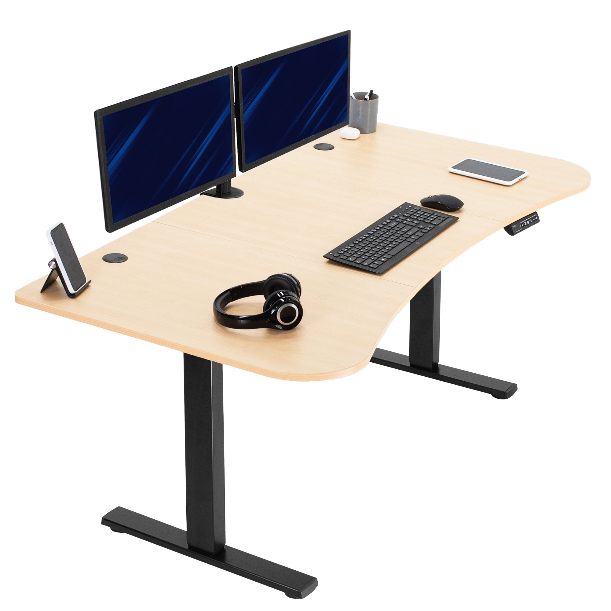 Light wood, electric, sit to stand, height adjustable desk.