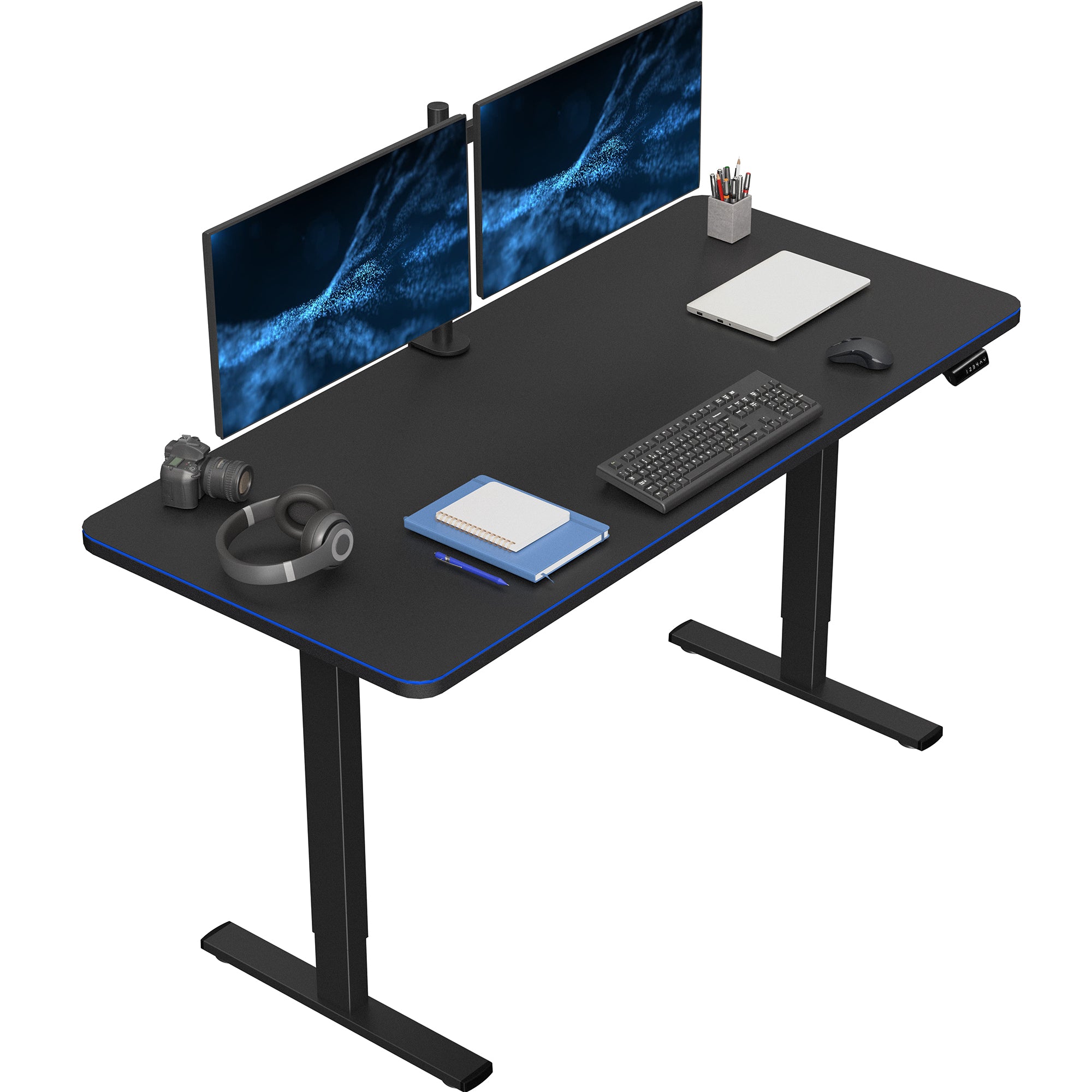 Sturdy ergonomic sit or stand active desk workstation with RGB pad and adjustable height using smart control panel.