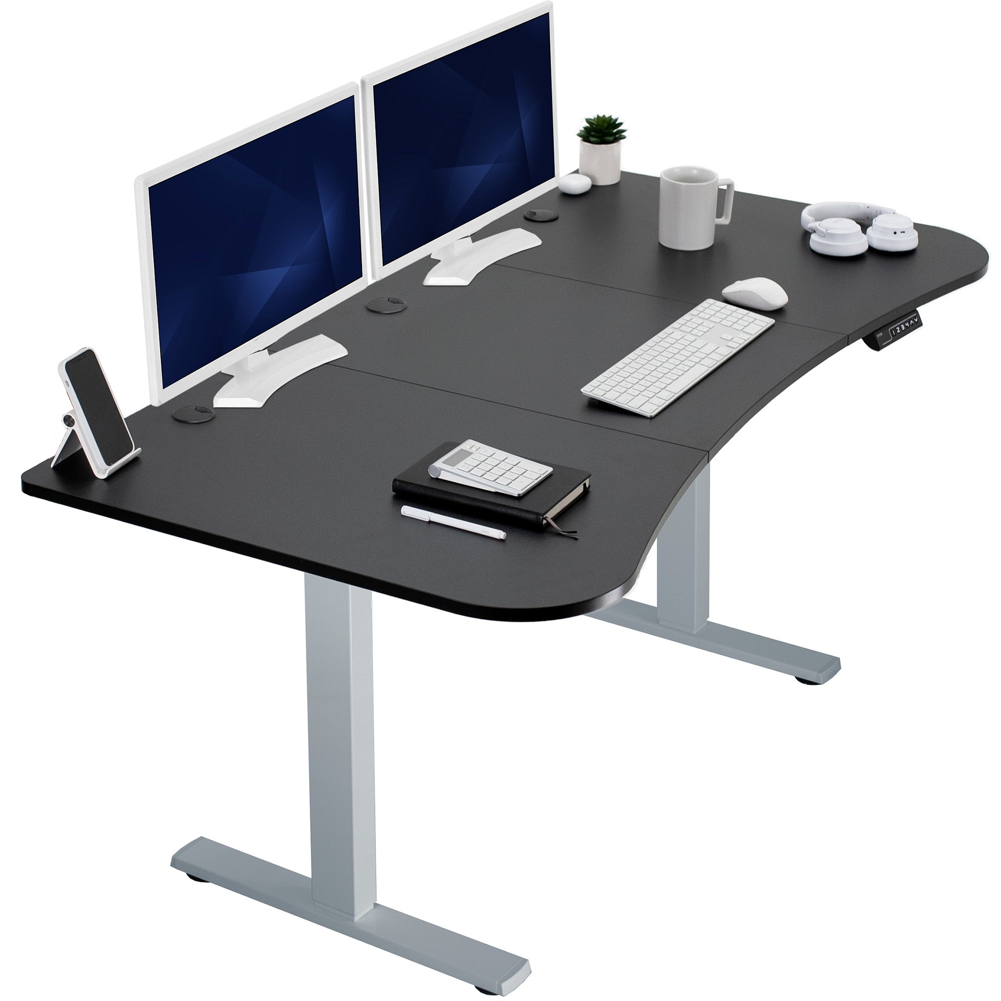 Black top grey frame, electric, sit to stand, height adjustable desk.