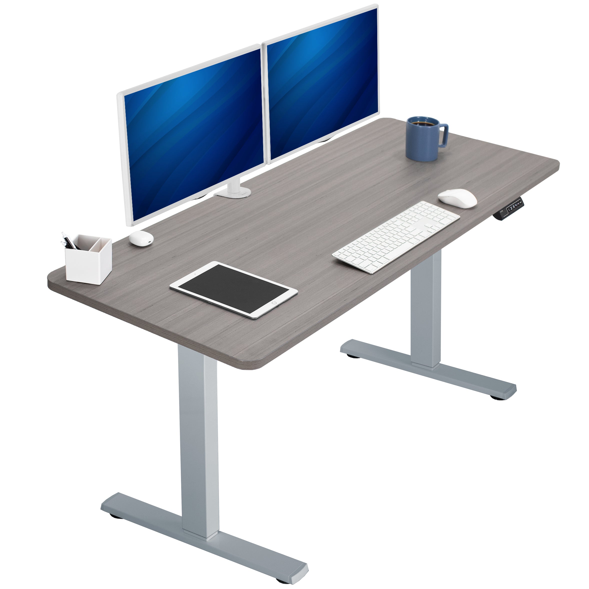 Sturdy ergonomic sit or stand active desk workstation with adjustable height using smart control panel.