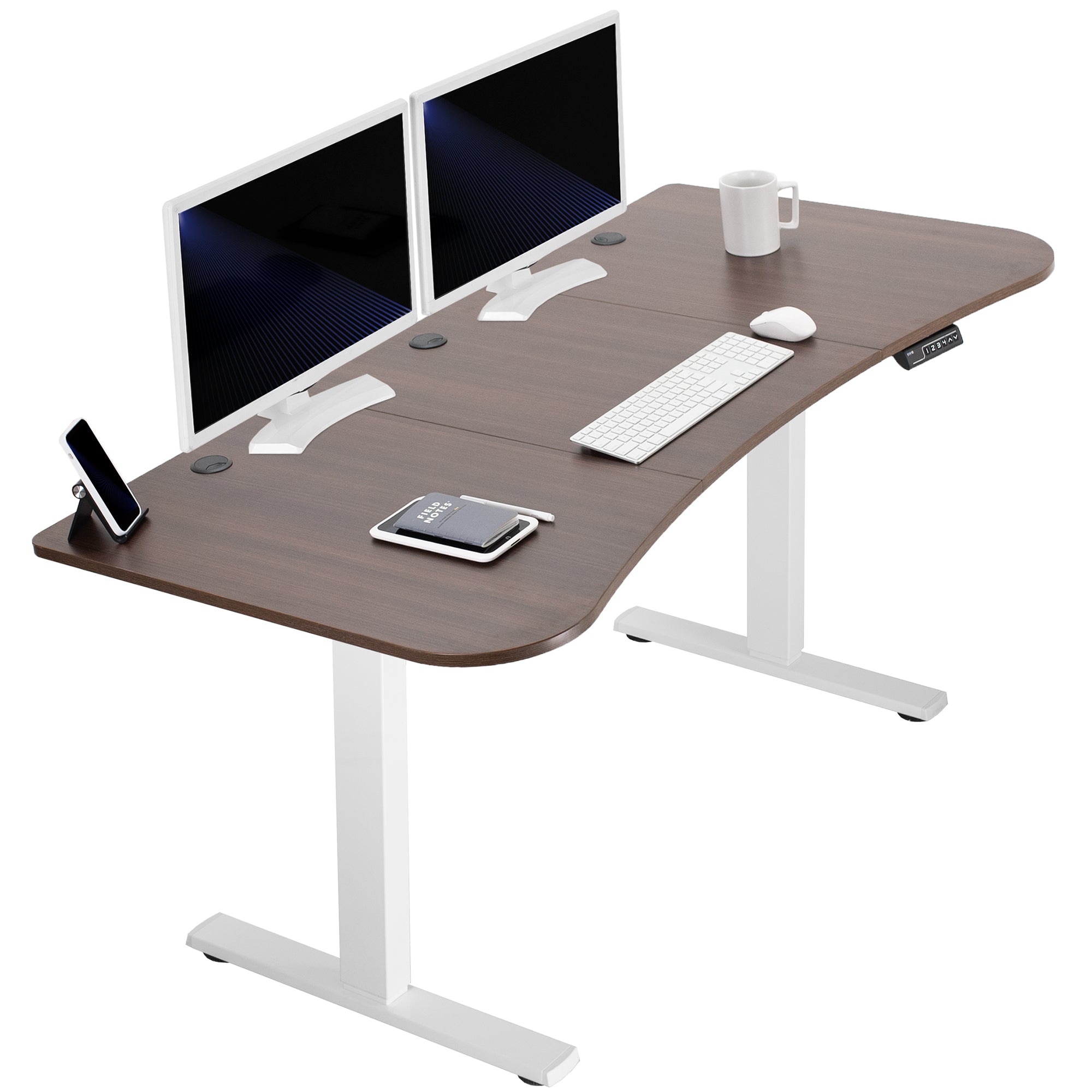 Dark walnut top white frame, electric, sit to stand, height adjustable desk.