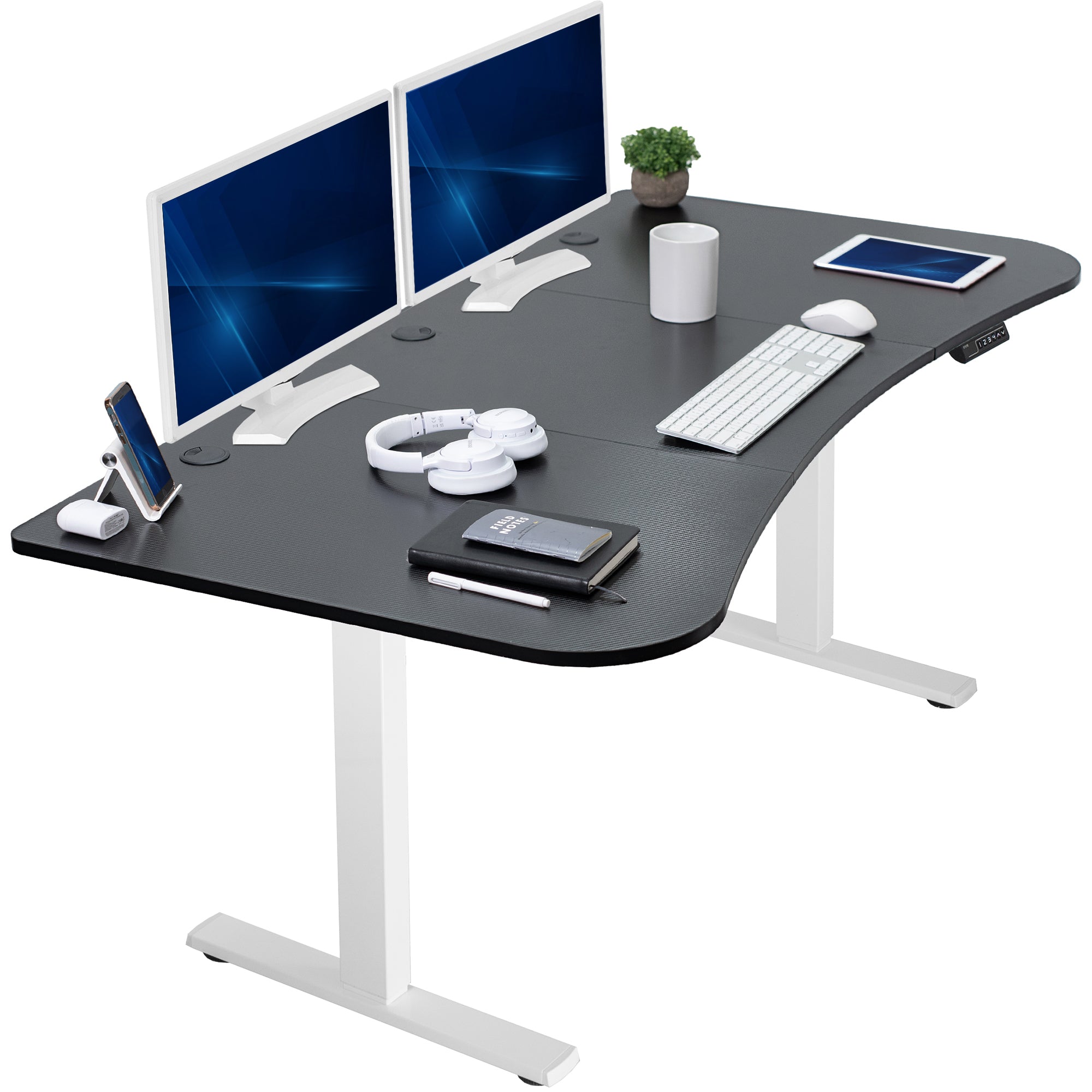 Carbon fiber top white frame, electric, sit to stand, height adjustable desk.