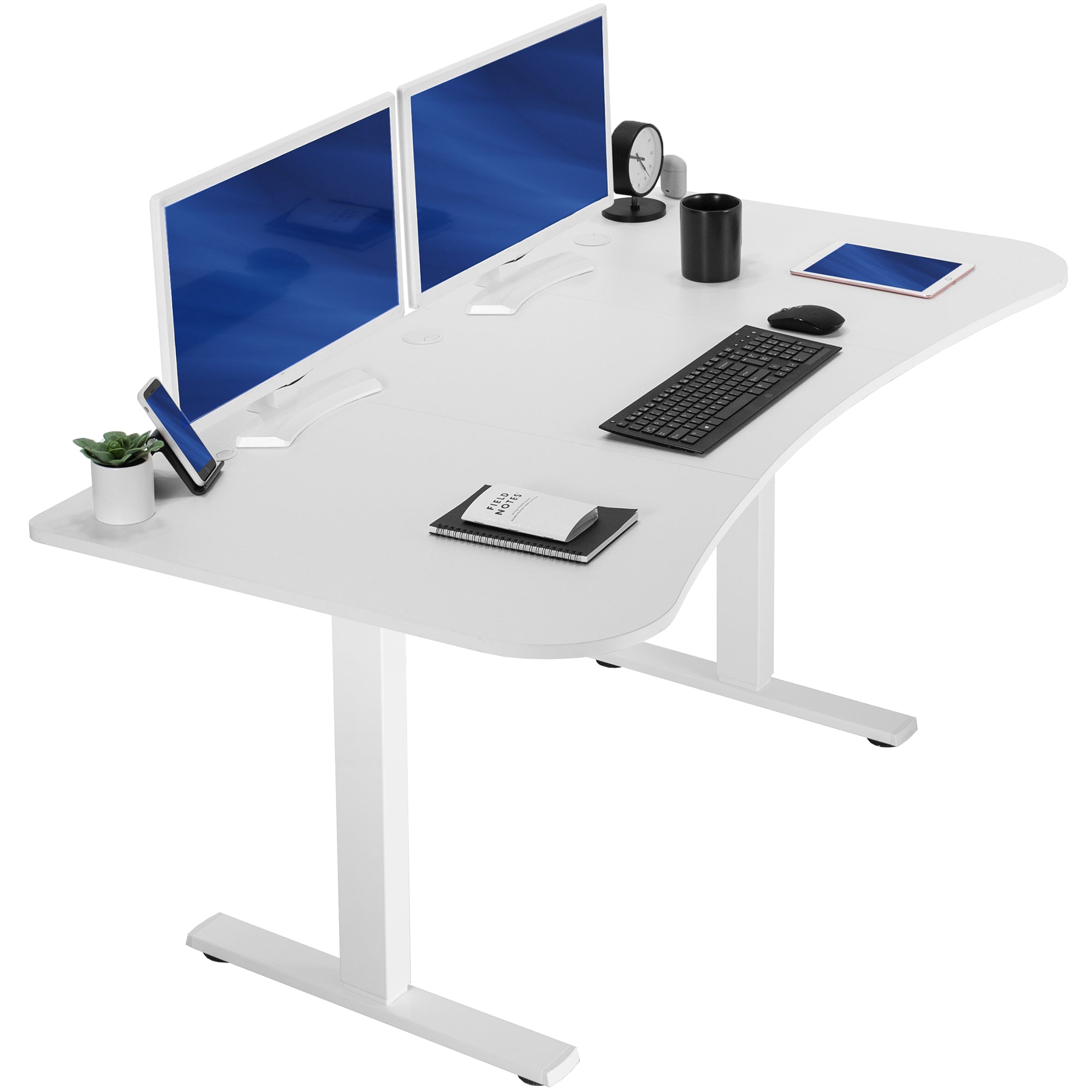 White top white frame, electric, sit to stand, height adjustable desk.