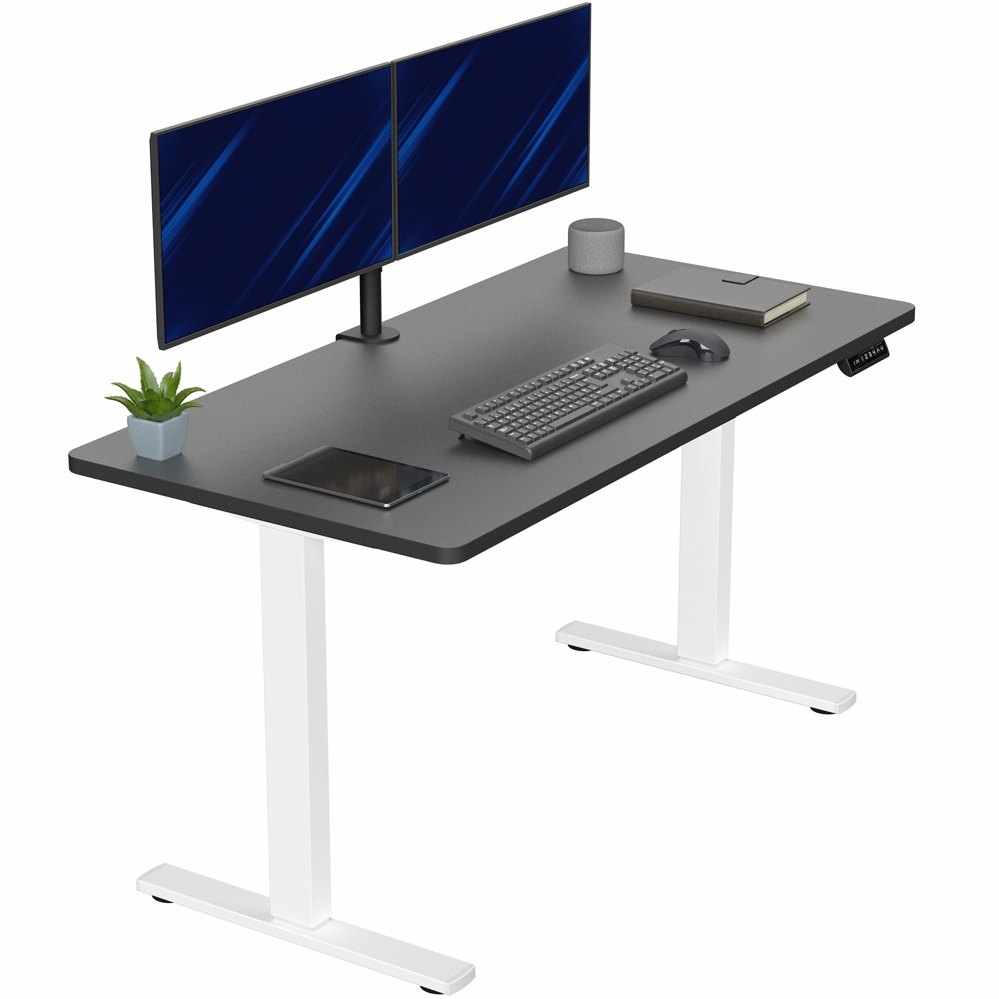 Sturdy ergonomic sit or stand active desk workstation with adjustable height using smart control panel.