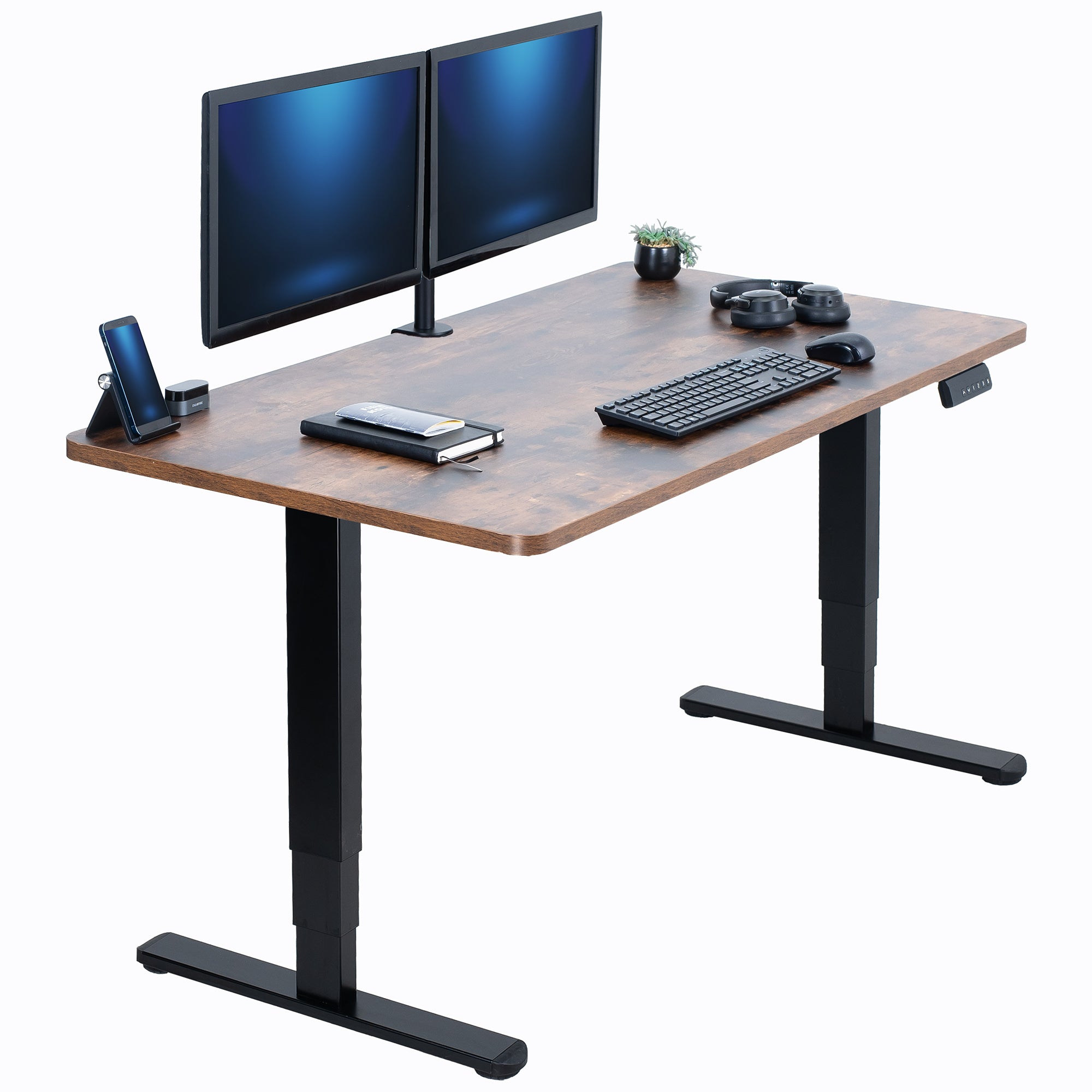 Wooden desk with black legs, two monitors, keyboard, mouse, and phone on a white background