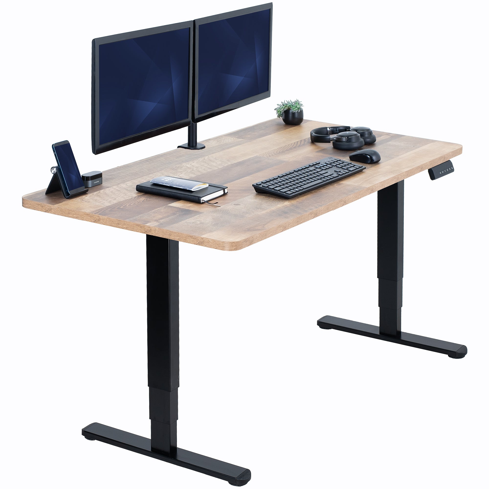 Wooden desk with black legs, two monitors, keyboard, mouse, and phone on a white background