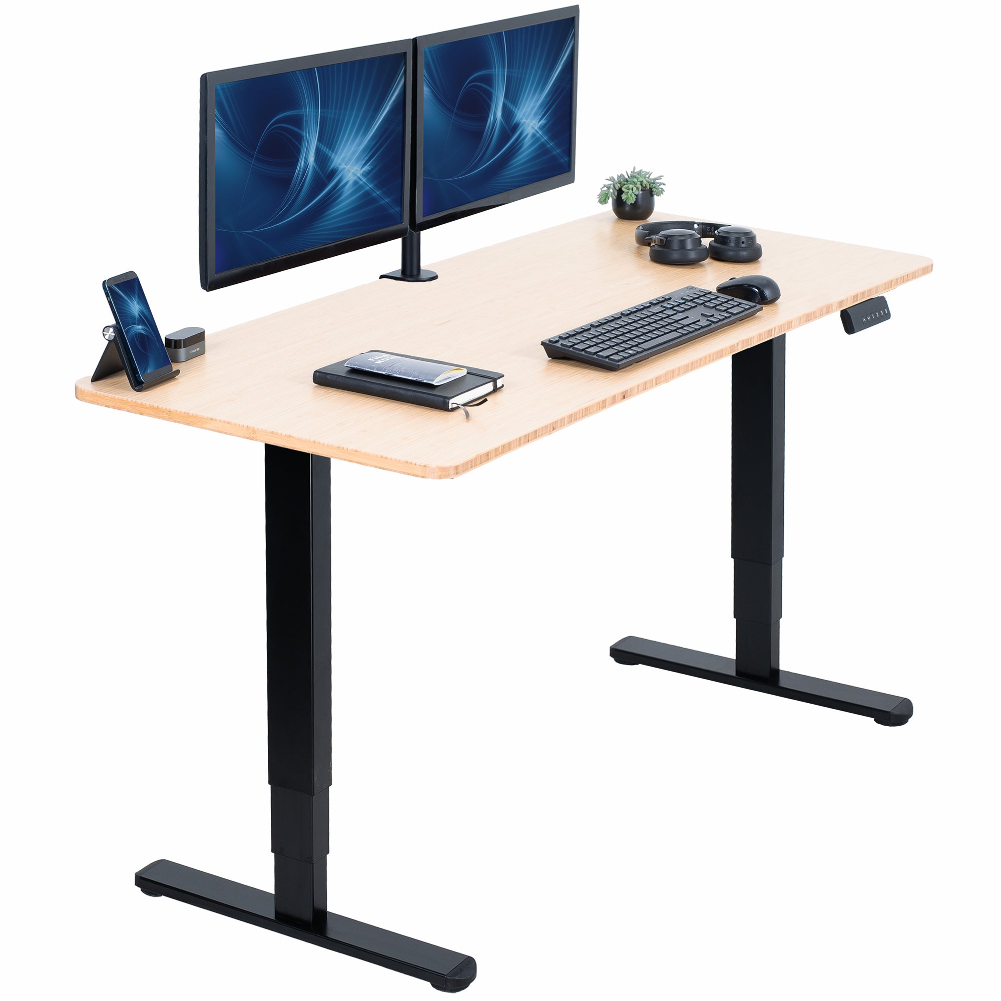 Wooden desk with black legs, two monitors, keyboard, mouse, and phone on a white background