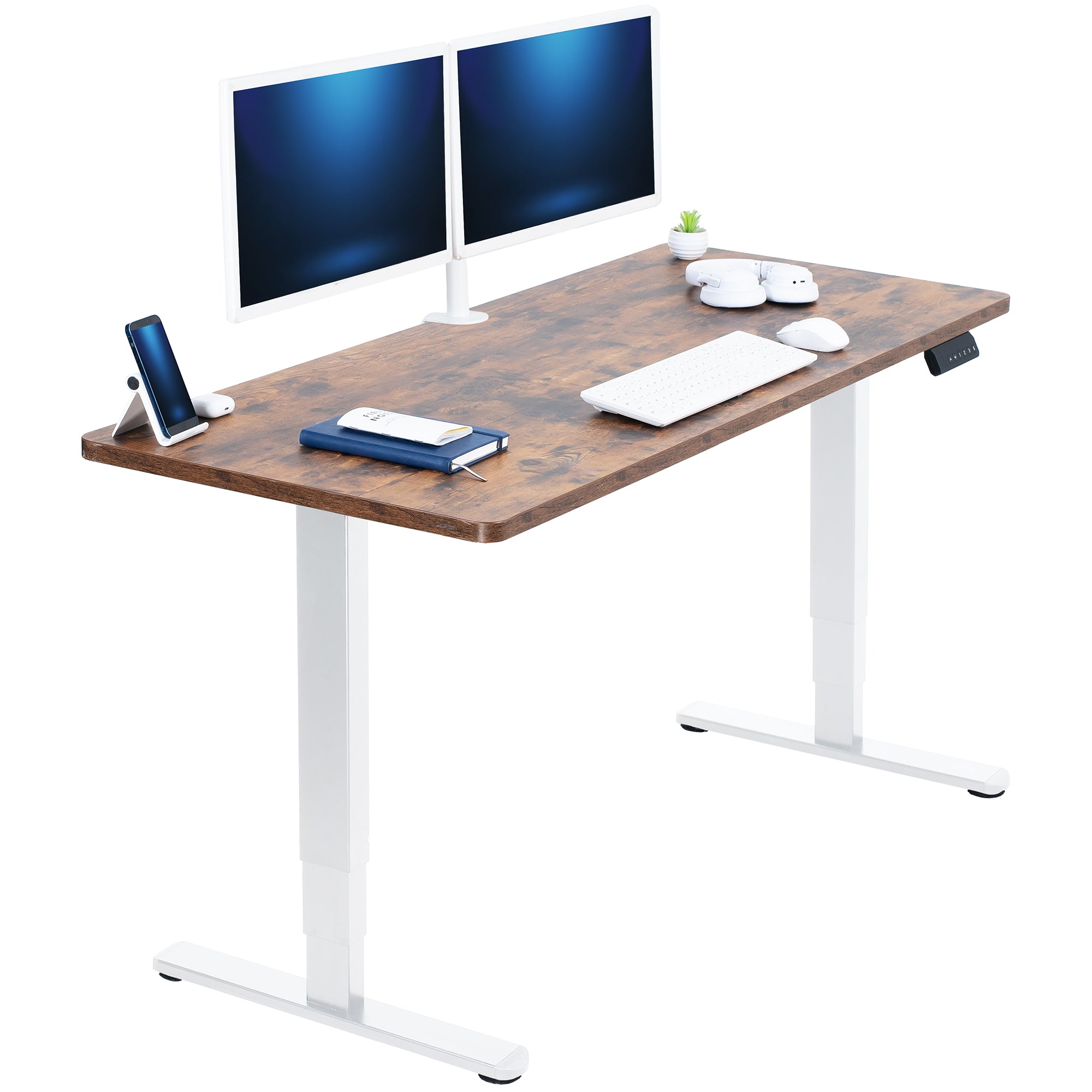 Wooden desk with white legs, two computer monitors, and office supplies on a white background