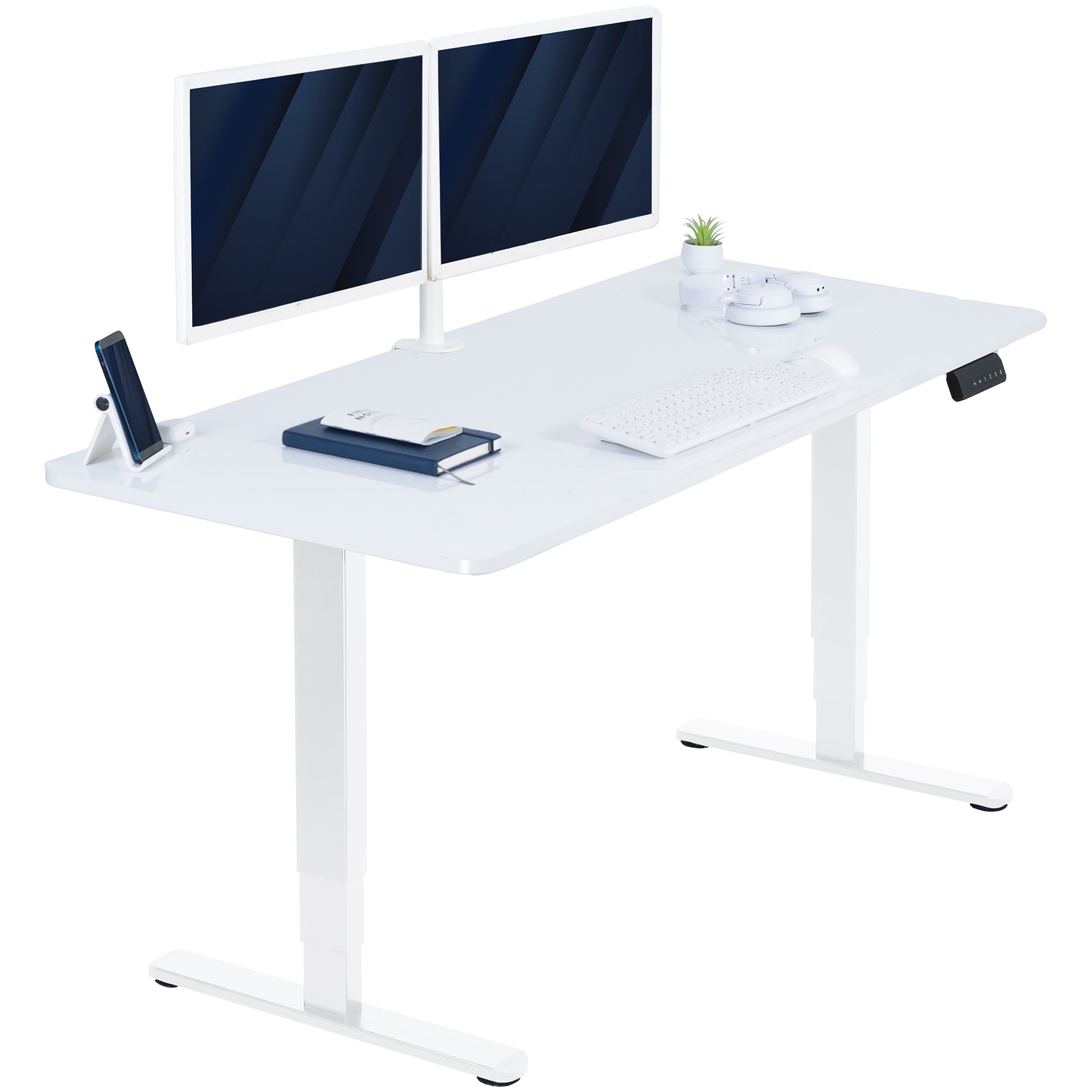 White desk with computer setup on a white background