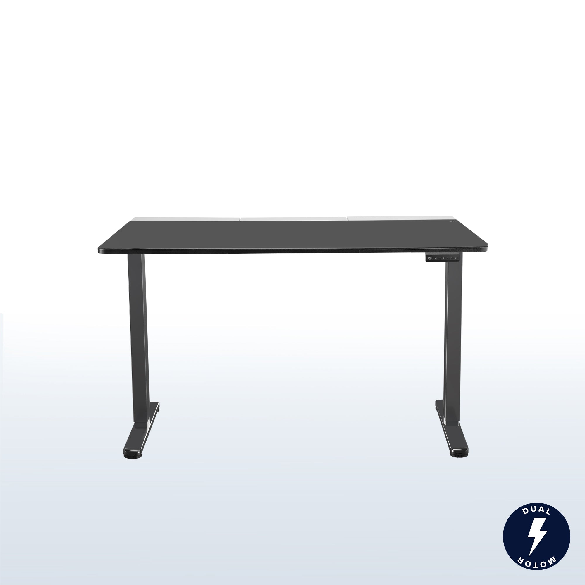 Dual motor electric desk with concealed cable management/storage trays and a full-sized desk pad, featuring memory controller height adjustment with memory settings.