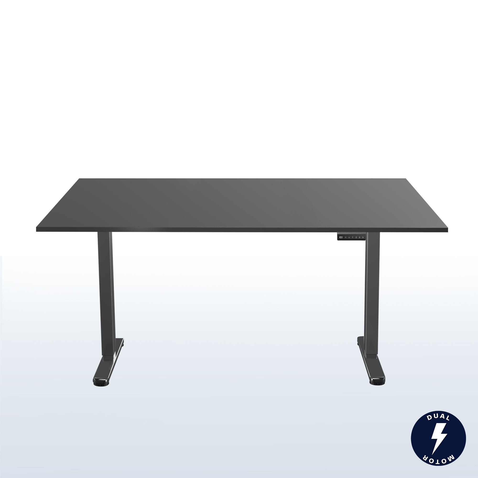 71 x 30 inch dual motor electric desk with squared edges, featuring memory controller height adjustment with memory settings