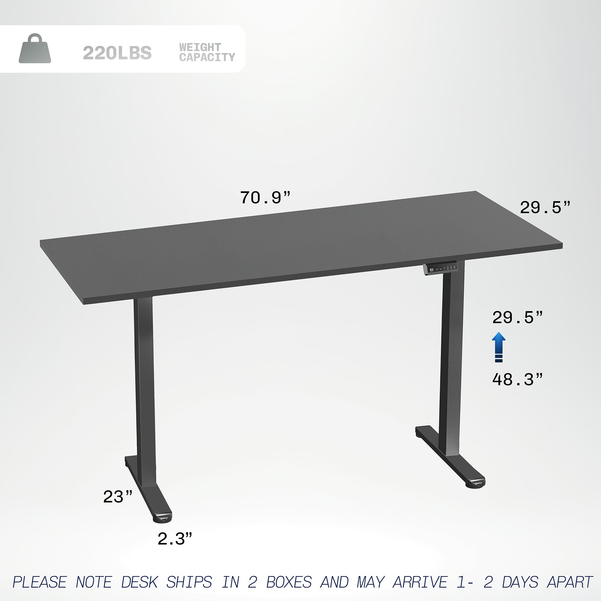 71 x 30 inch dual motor electric desk with squared edges, featuring memory controller height adjustment with memory settings