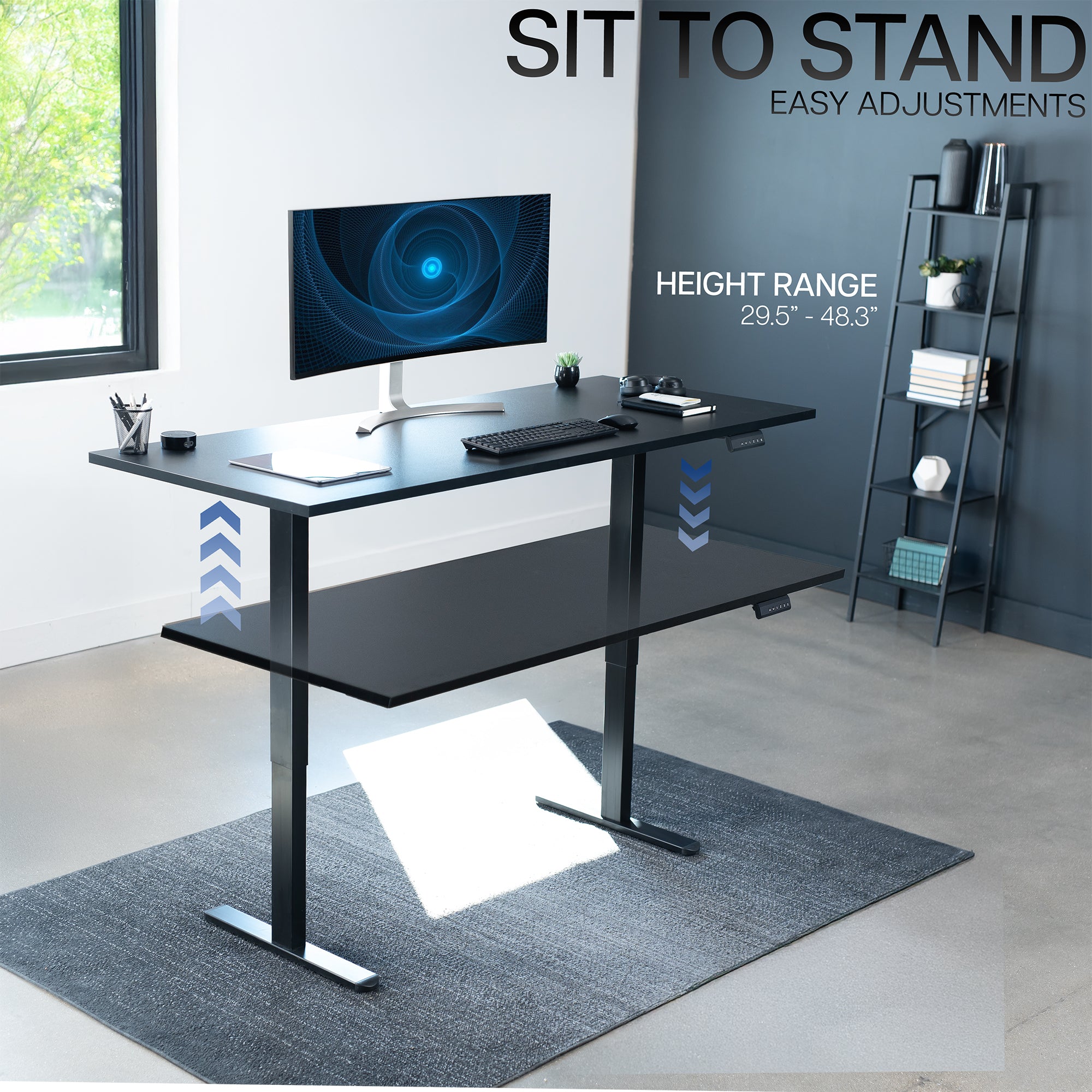 71 x 30 inch dual motor electric desk with squared edges, featuring memory controller height adjustment with memory settings