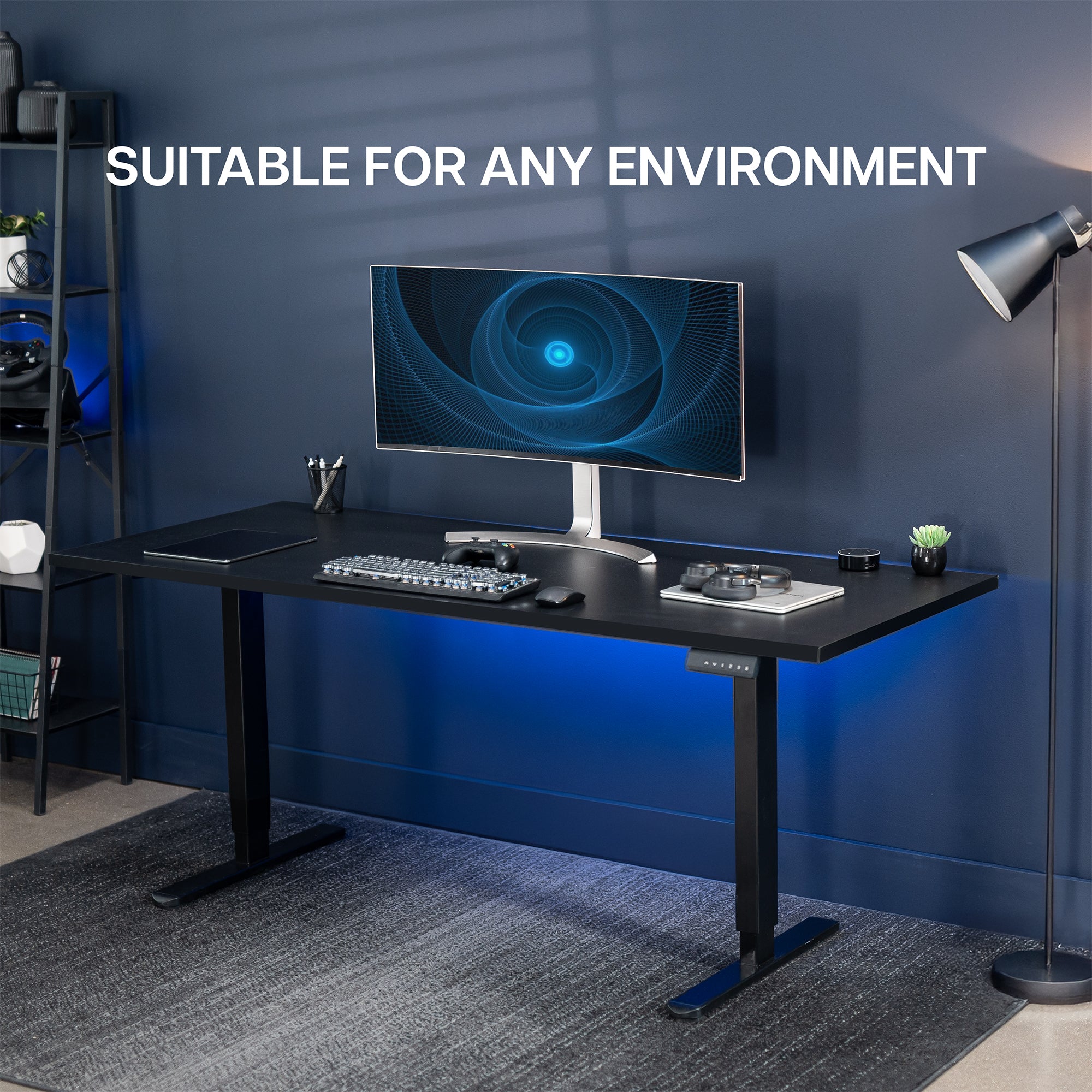 71 x 30 inch dual motor electric desk with squared edges, featuring memory controller height adjustment with memory settings