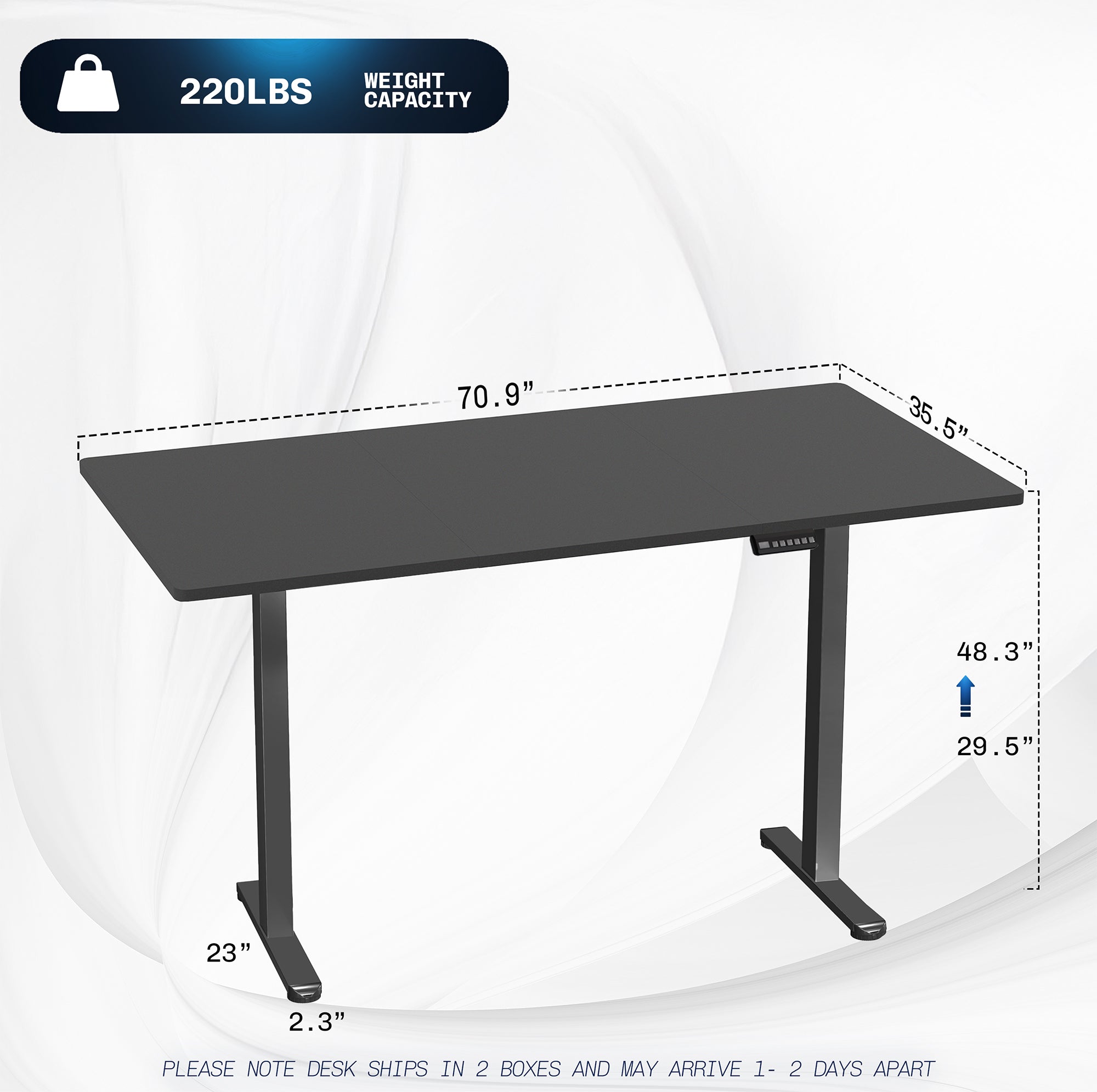 71 x 36 inch dual motor electric desk featuring smart controller height adjustment with memory settings