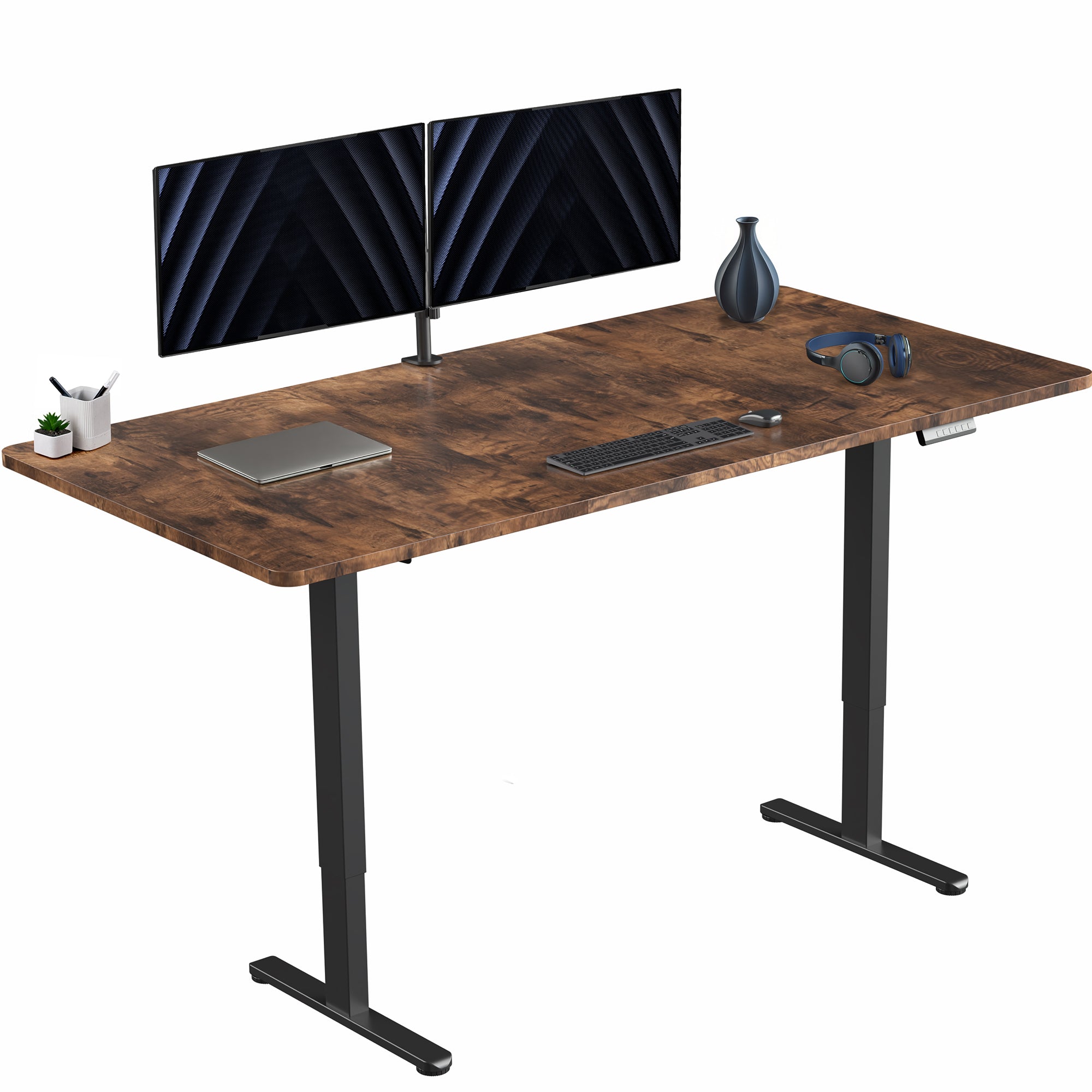 71 x 36 inch rustic dual motor electric desk featuring smart controller height adjustment with memory settings