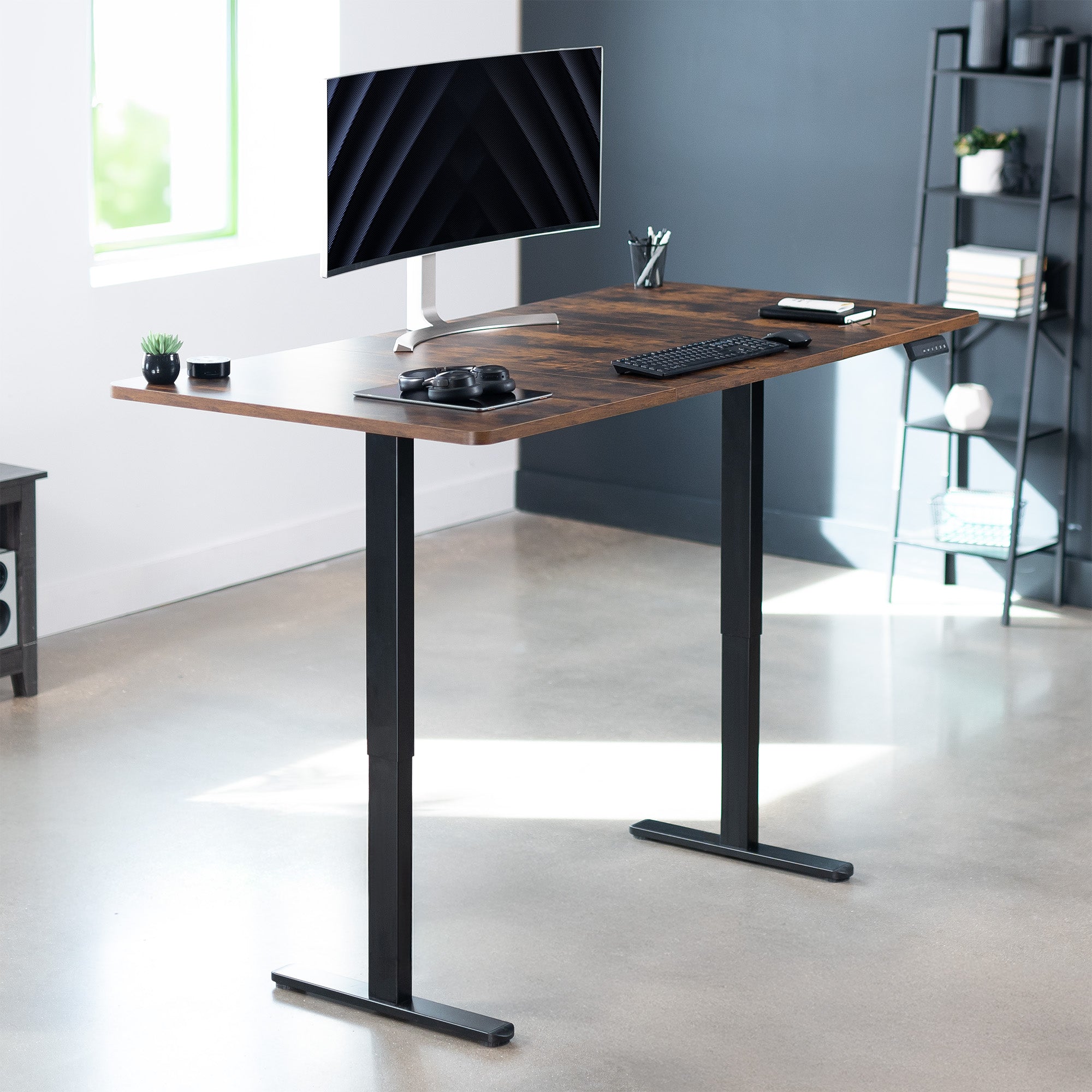 71 x 36 inch rustic dual motor electric desk featuring smart controller height adjustment with memory settings