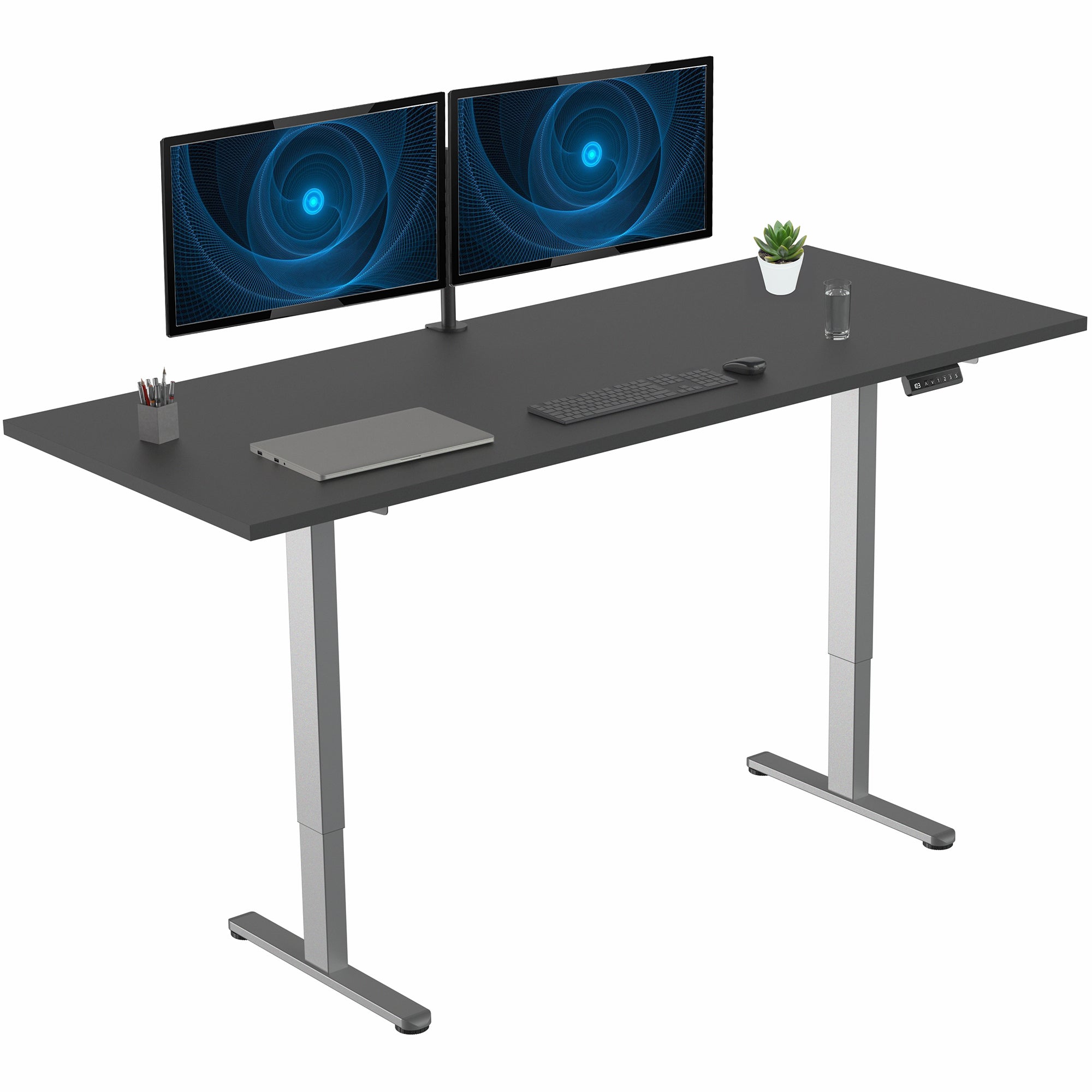 71 x 30 inch dual motor electric desk with squared edges, featuring memory controller height adjustment with memory settings