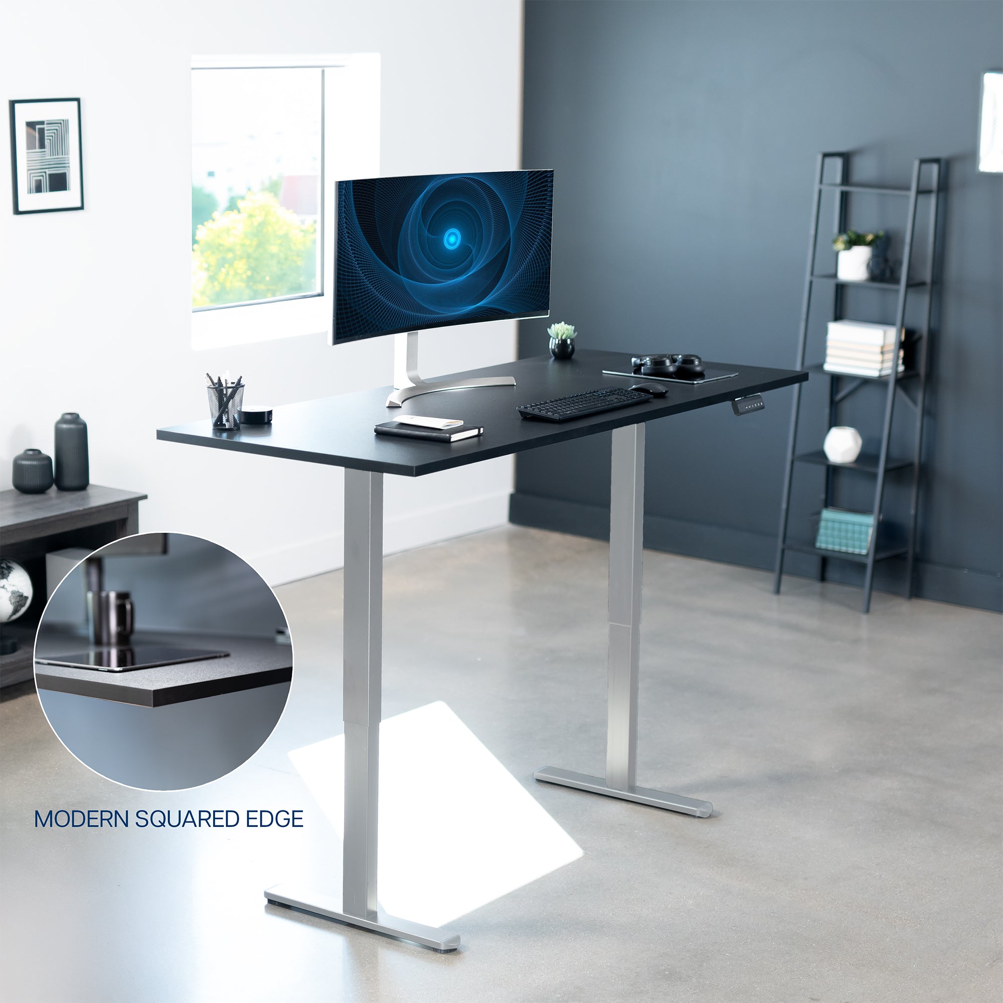 71 x 30 inch dual motor electric desk with squared edges, featuring memory controller height adjustment with memory settings