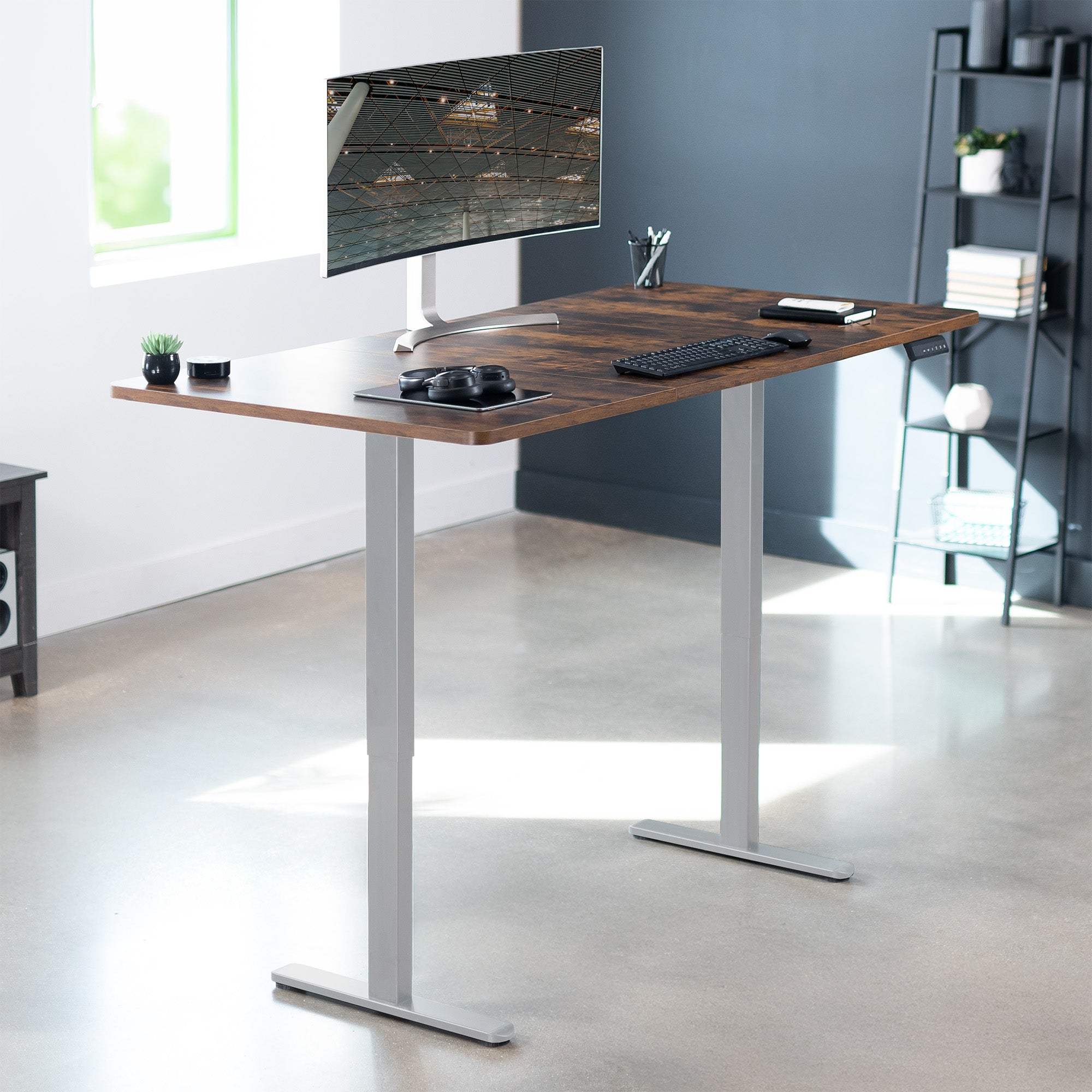71 x 36 inch rustic dual motor electric desk featuring smart controller height adjustment with memory settings