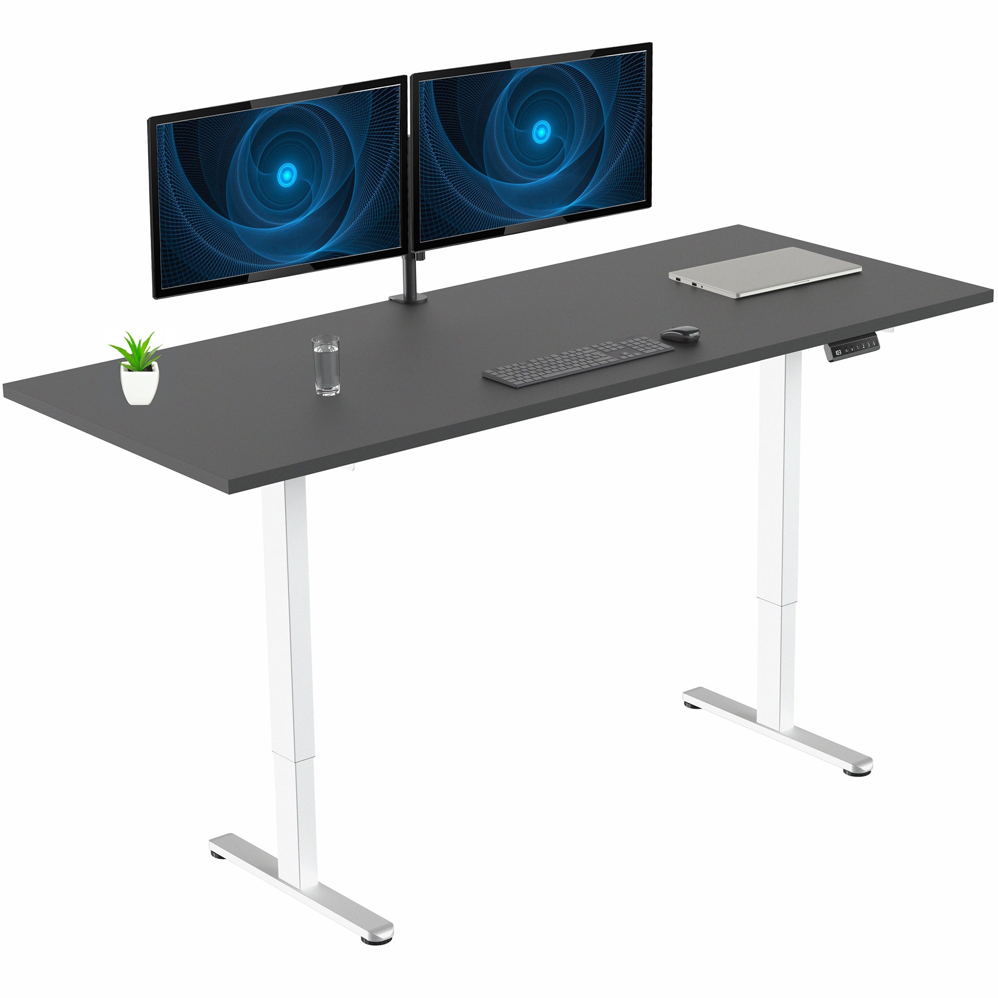 71 x 30 inch dual motor electric desk with squared edges, featuring memory controller height adjustment with memory settings
