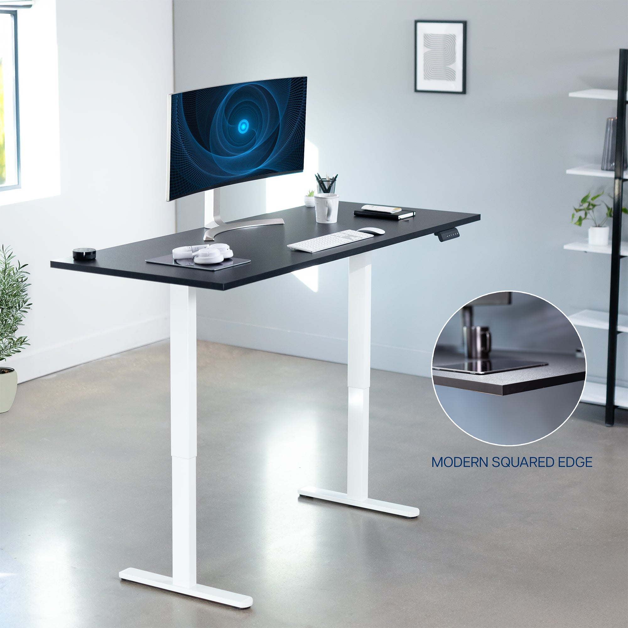 71 x 30 inch dual motor electric desk with squared edges, featuring memory controller height adjustment with memory settings