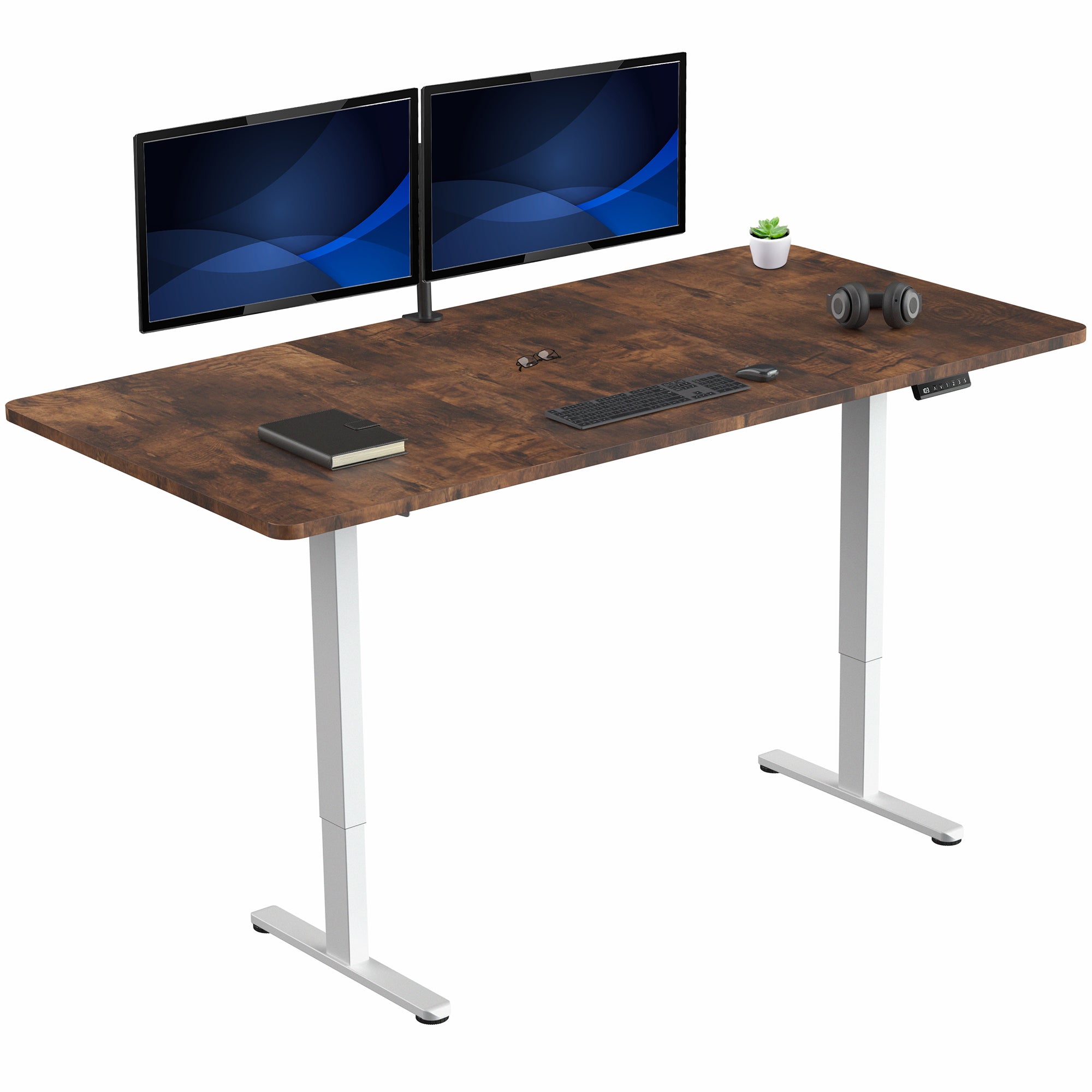 71 x 36 inch rustic dual motor electric desk featuring smart controller height adjustment with memory settings