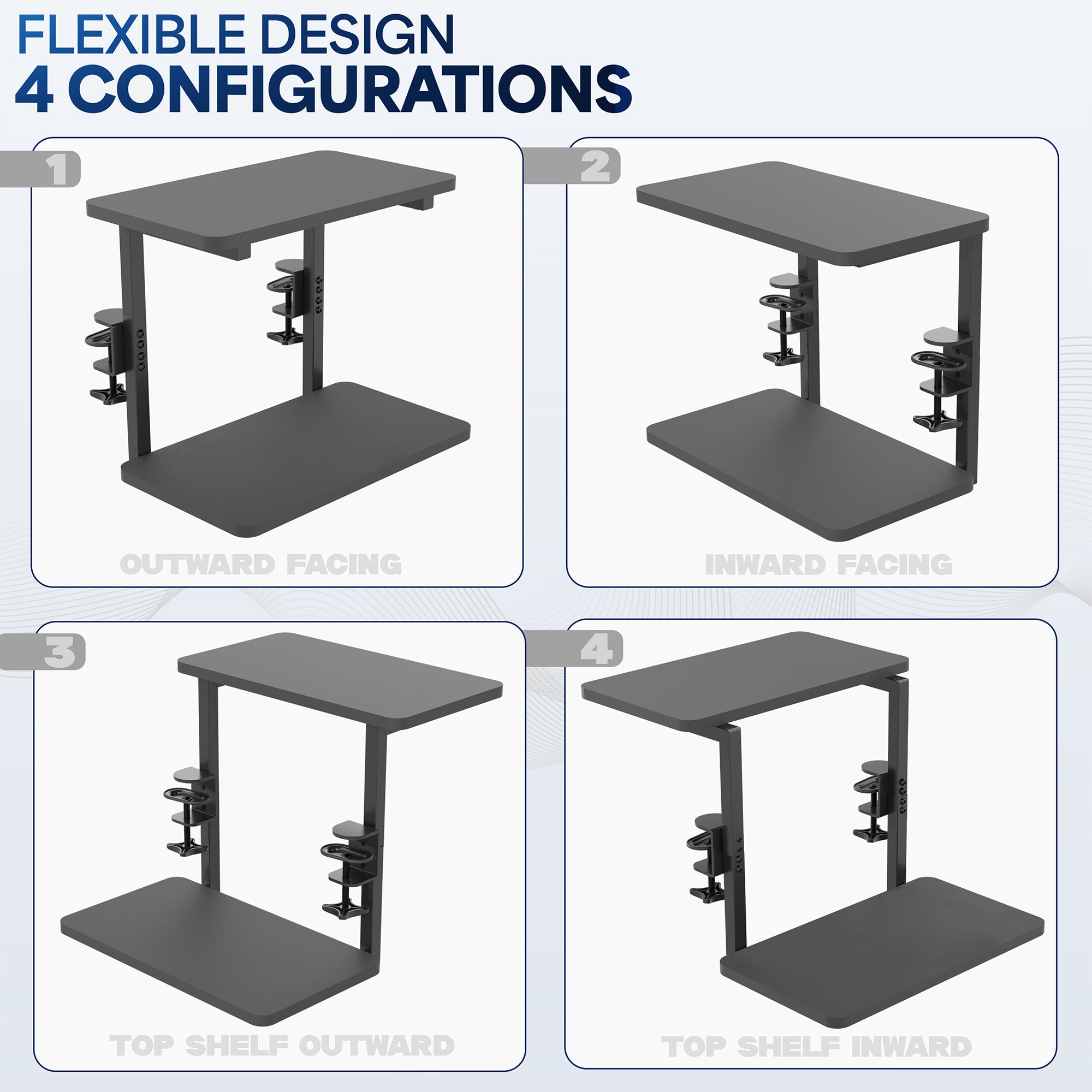 Above or below desk dual tier adjustable shelving system for flexible desk organization using convenient clamp-on storage. This versatile two-platform product can be arranged in multiple configurations to suit your workspace needs and aesthetic preferences.